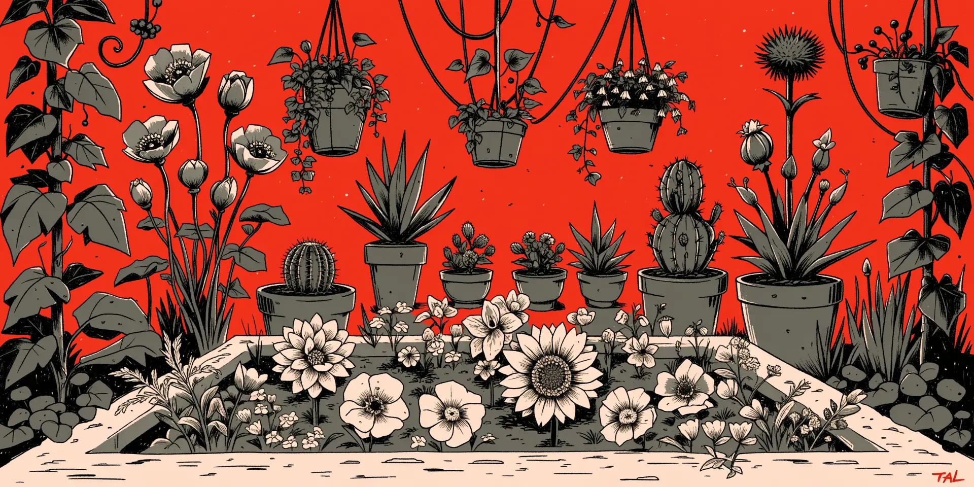 2K Quad HD PC desktop wallpaper showing a stylized flower garden—potted plants, succulents, cacti and blooming flowers on a bold red background.