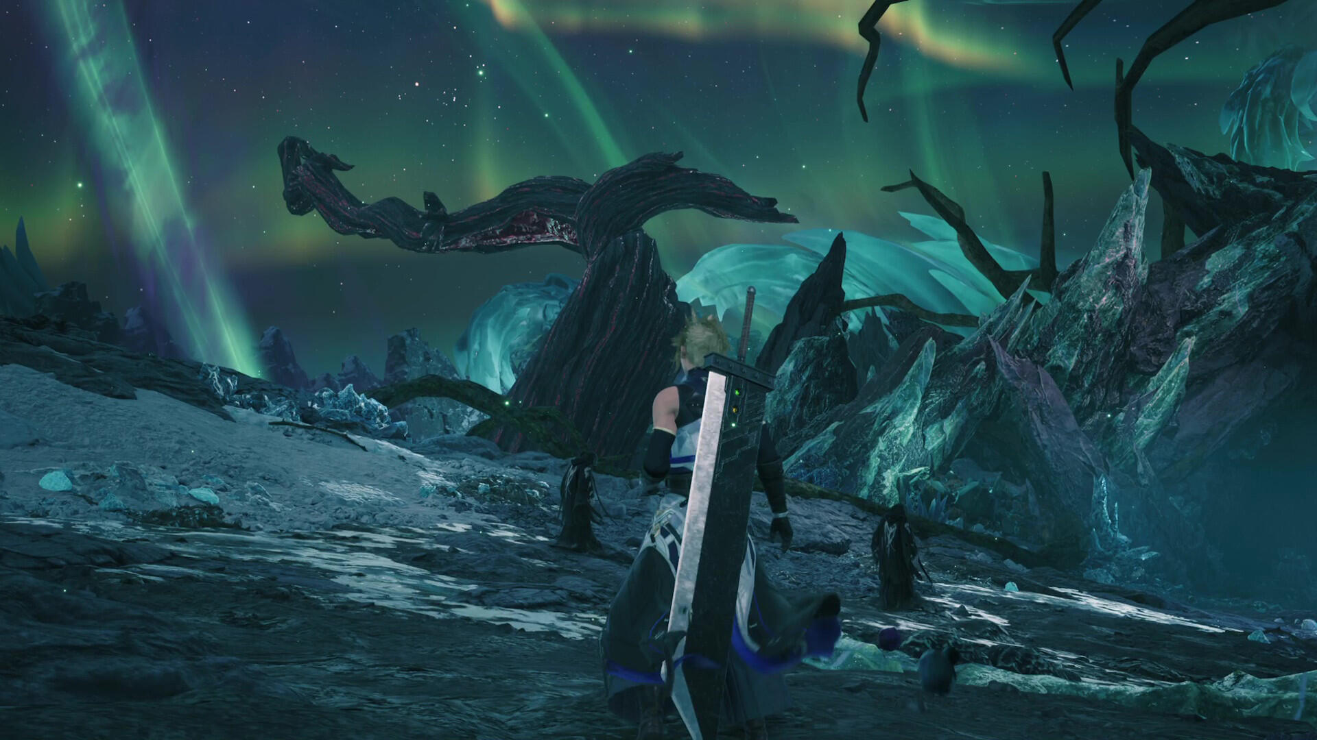 Cloud Strife stands in a crystalline, twisted forest beneath aurora skies — Final Fantasy VII Revelation HD PC desktop wallpaper and background.
