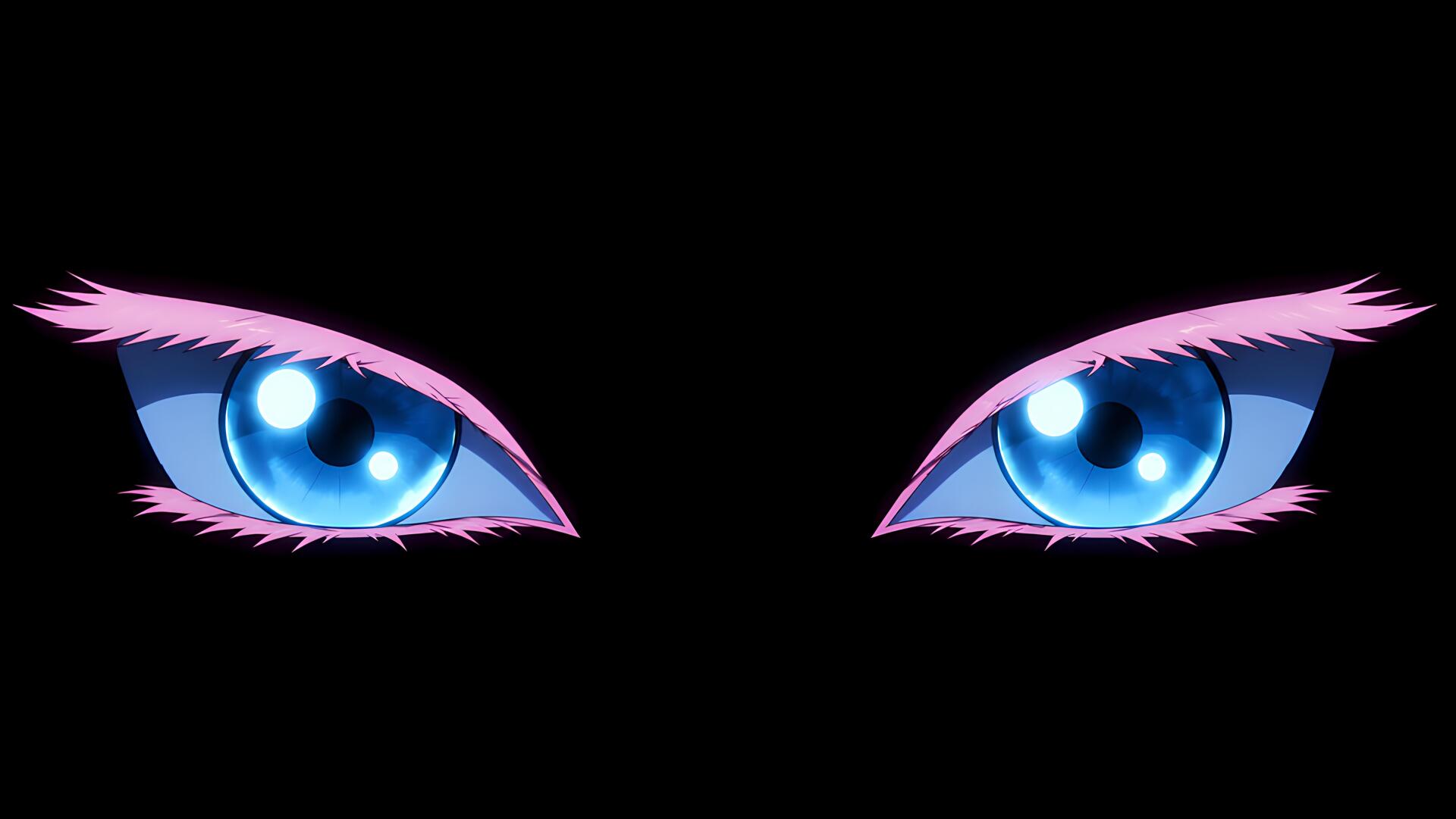 Anime close-up of Akaza's eyes from Demon Slayer: vivid blue irises with pink lashes against a black void — 5K Ultra HD PC desktop wallpaper and background.
