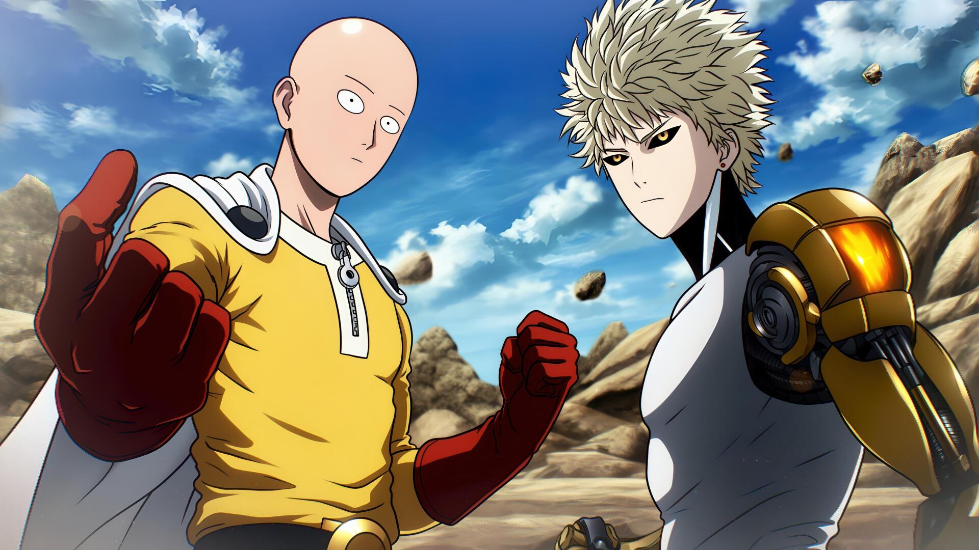 One-Punch Man 4K Ultra HD PC desktop wallpaper showing Saitama and Genos standing on a rocky battlefield under a bright blue sky.