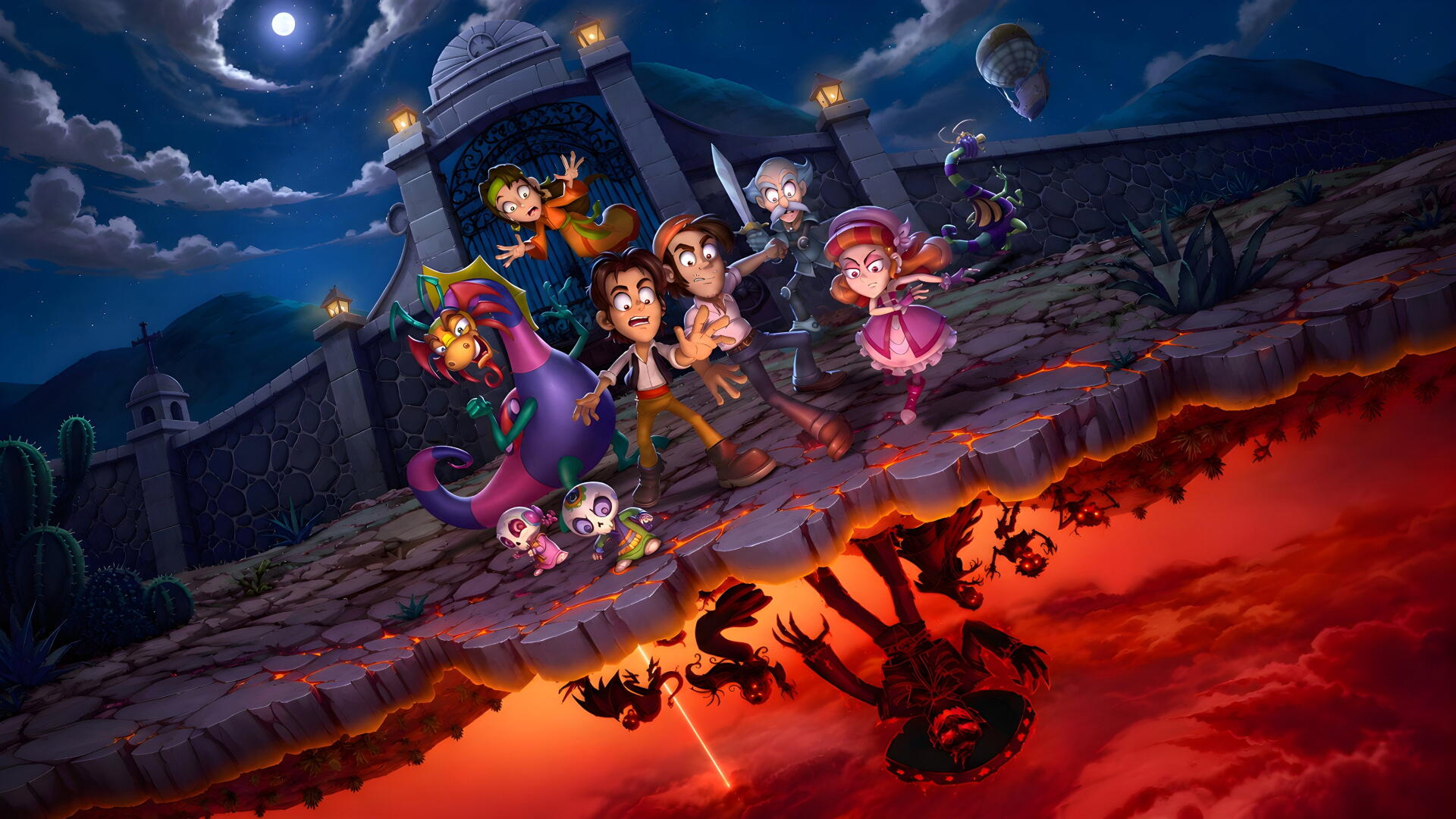La Venganza del Charro Negro 4K Ultra HD PC desktop wallpaper: moonlit kids and creatures on a cracked plaza, above a fiery underworld reflection forming the Charro Negro silhouette.