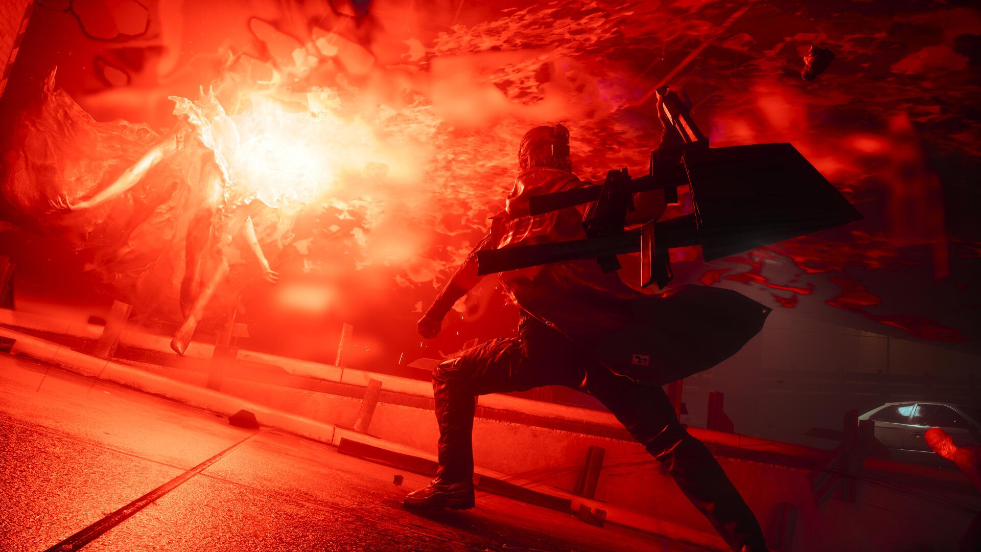 4K Ultra HD desktop wallpaper: Dylan Faden from Control Resonant — a soldier wielding a weapon amid a blistering red explosion.