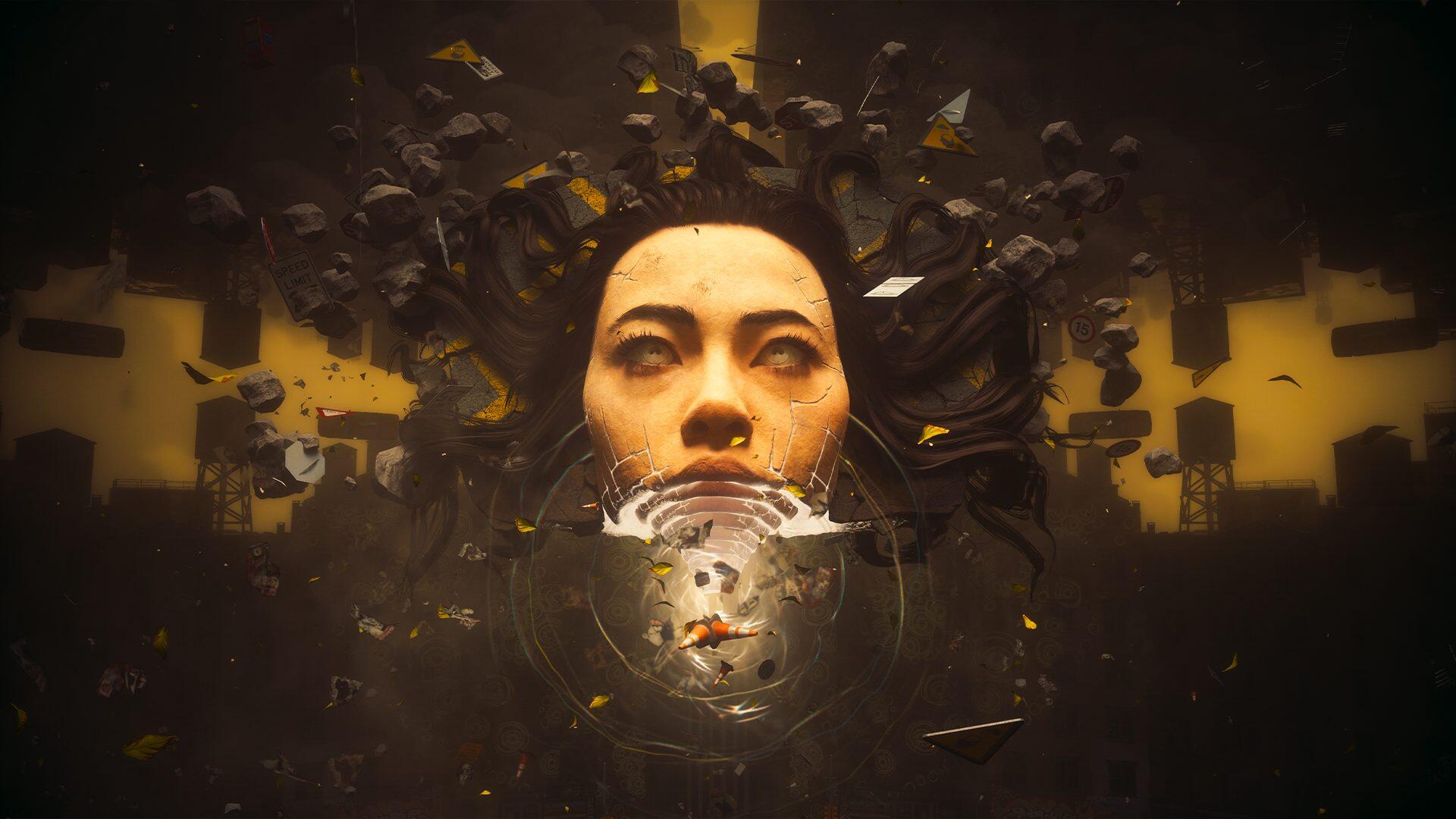Control Resonant: surreal HD PC desktop wallpaper of a woman's portrait — a floating face amid fractured dark shards and a mirrored liquid mask.
