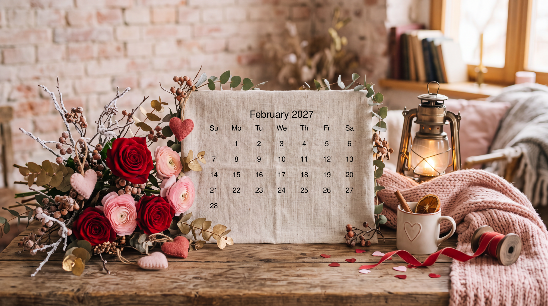 5K Ultra HD PC desktop wallpaper: February 2027 calendar on a rustic table surrounded by roses, a candle lantern, a mug and a cozy knit blanket.