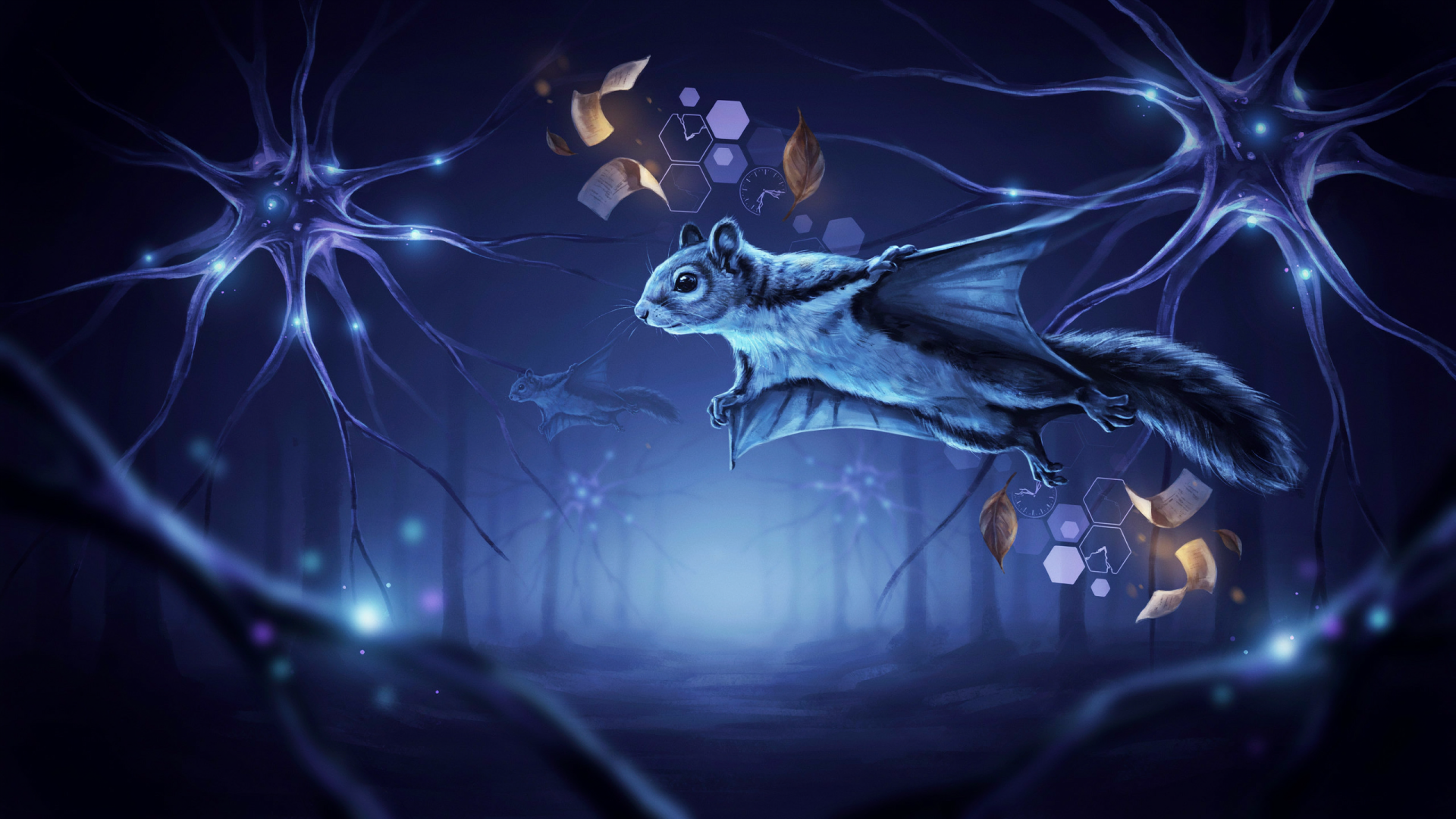 Flying squirrel gliding through a blue, misty forest with glowing, neural-like branches and floating geometric lights — 2K Quad HD PC desktop wallpaper.