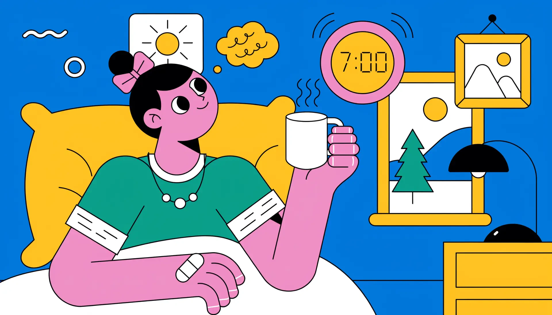 2K Quad HD PC desktop wallpaper: colorful illustration of a woman waking up in bed with coffee, a 7:00 alarm clock, sun and framed art in a bright bedroom.