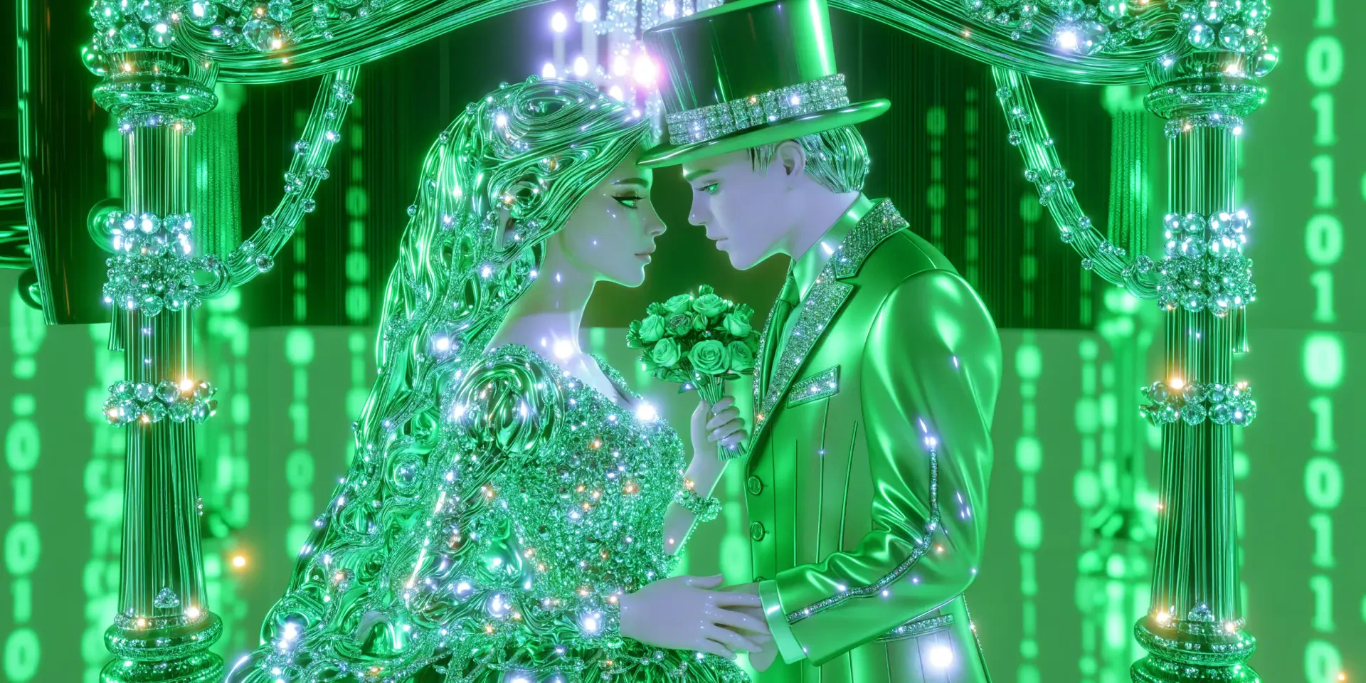 Sparkling green fashion portrait of a married couple forehead-to-forehead at a marriage ceremony — stylized 2K Quad HD PC desktop wallpaper and background.