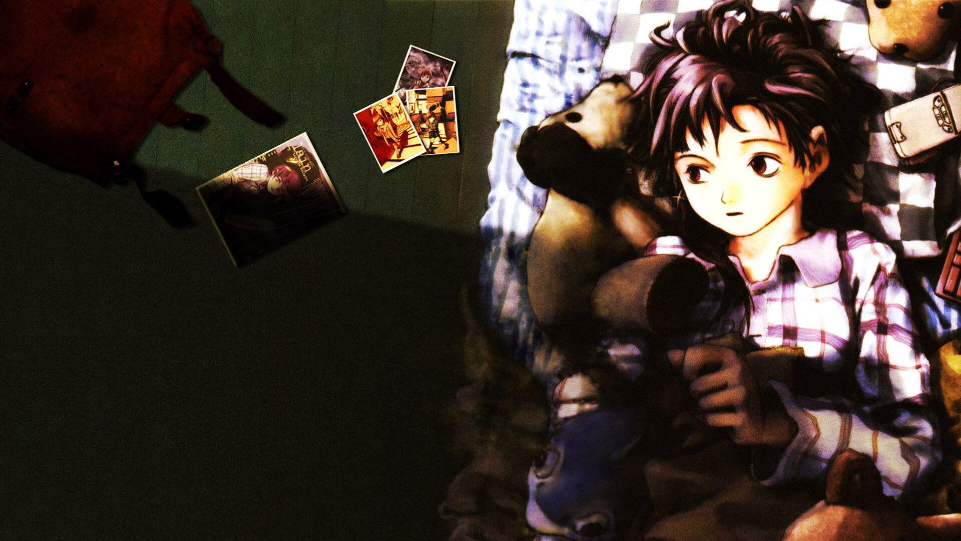 HD PC desktop wallpaper showing Lain Iwakura from Serial Experiments Lain lying on a bed clutching a teddy bear, with scattered photos and a dark, moody background.