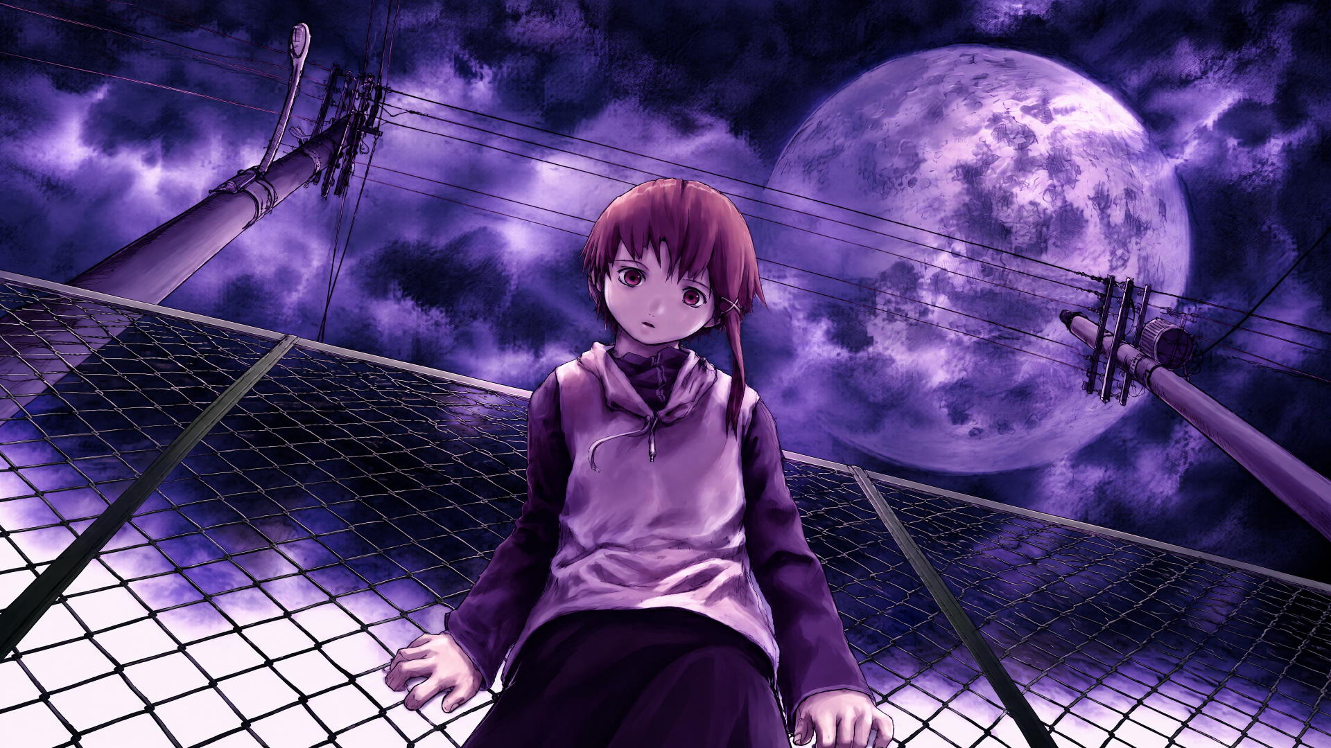 Lain Iwakura from Serial Experiments Lain sits on a chain-link fence beneath a massive purple moon — anime girl 4K Ultra HD PC desktop wallpaper.