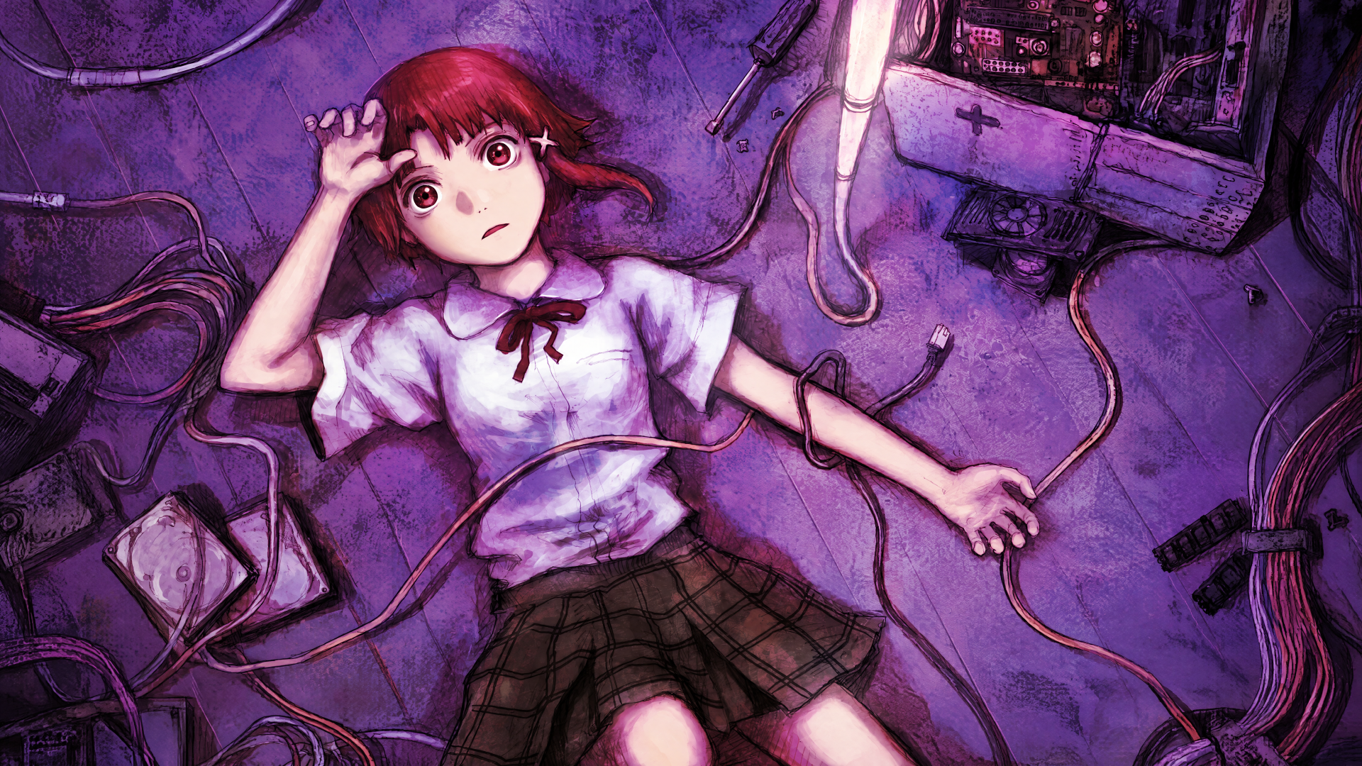 4K Ultra HD PC desktop wallpaper: Lain Iwakura from Serial Experiments Lain — an anime girl in a school uniform lying among tangled cables and vintage electronics on a purple floor.