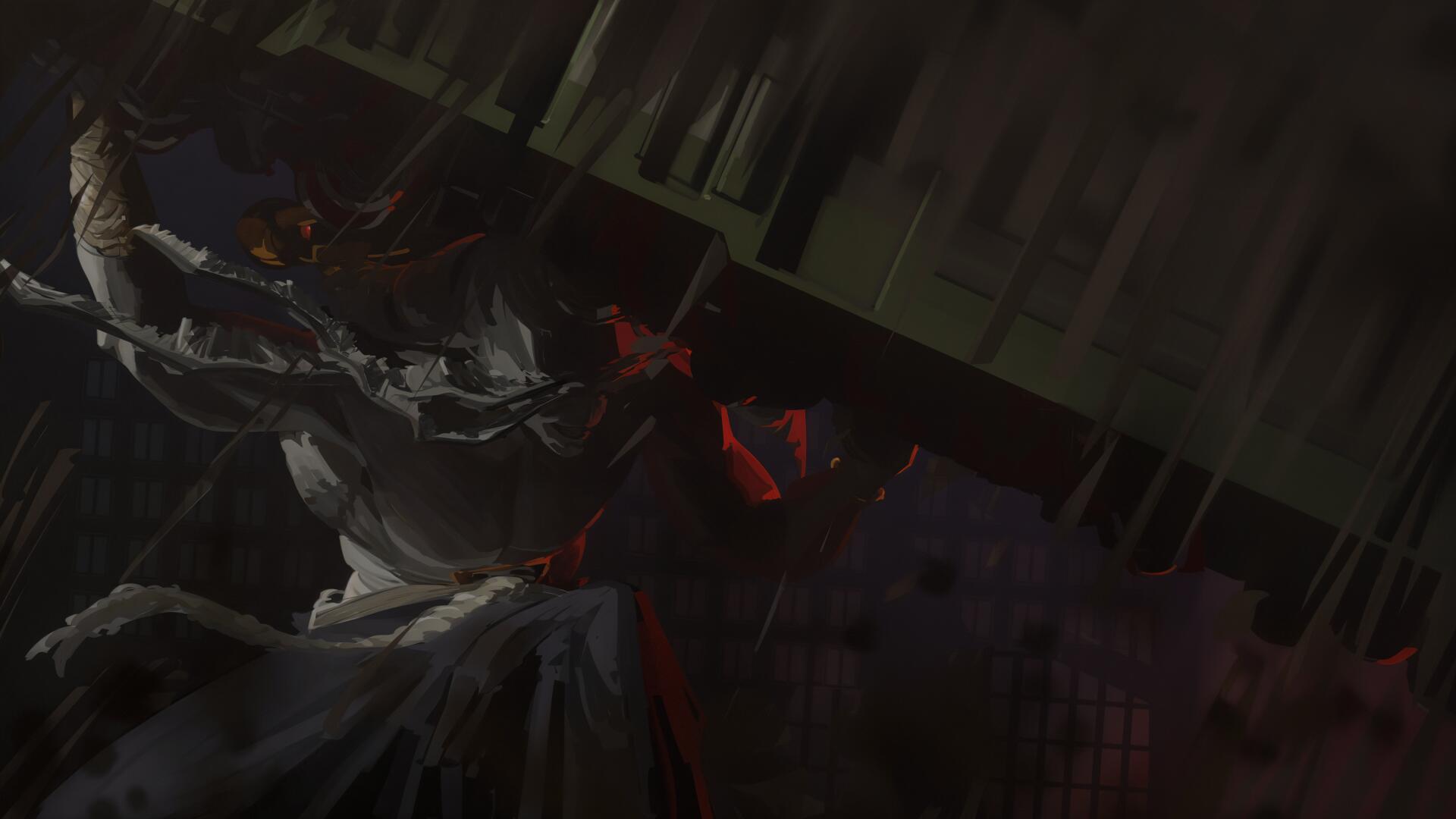 Dark, towering Mahoraga from Jujutsu Kaisen — a monstrous horned shadow with glowing red accents; dramatic 4K Ultra HD desktop wallpaper/background.