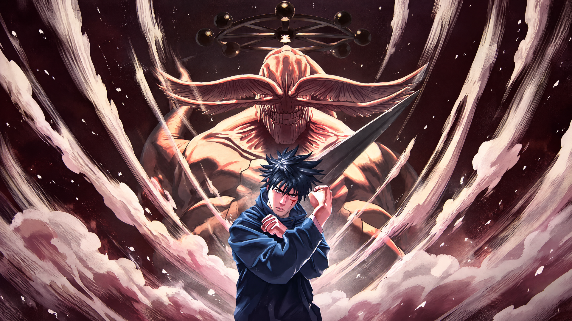 Jujutsu Kaisen anime 4K Ultra HD PC desktop wallpaper: Megumi Fushiguro stands with arms crossed as the towering monster Mahoraga rises behind him amid swirling energy and clouds.