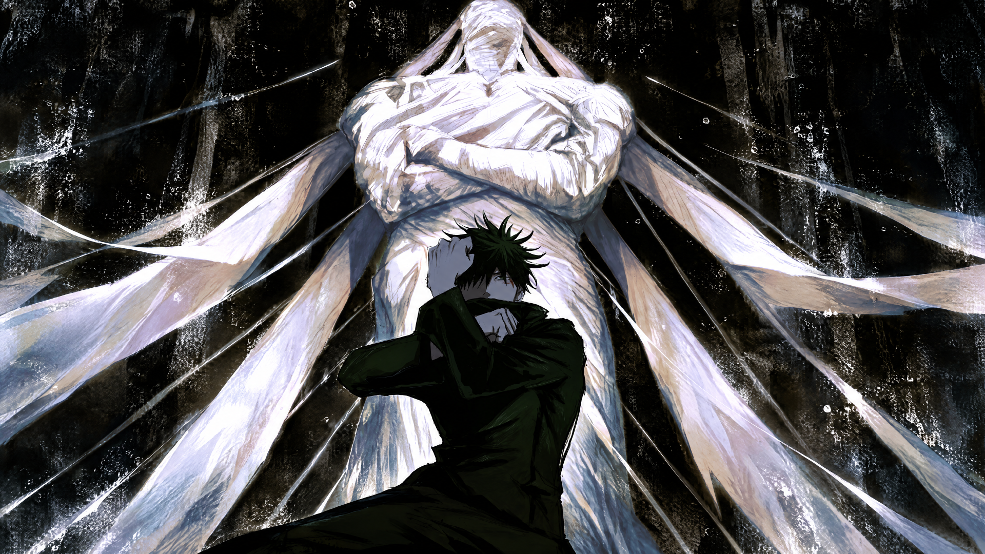 Megumi Fushiguro in silhouette as the monstrous Mahoraga looms behind him, dark high-detail 4K Ultra HD PC desktop background from Jujutsu Kaisen.