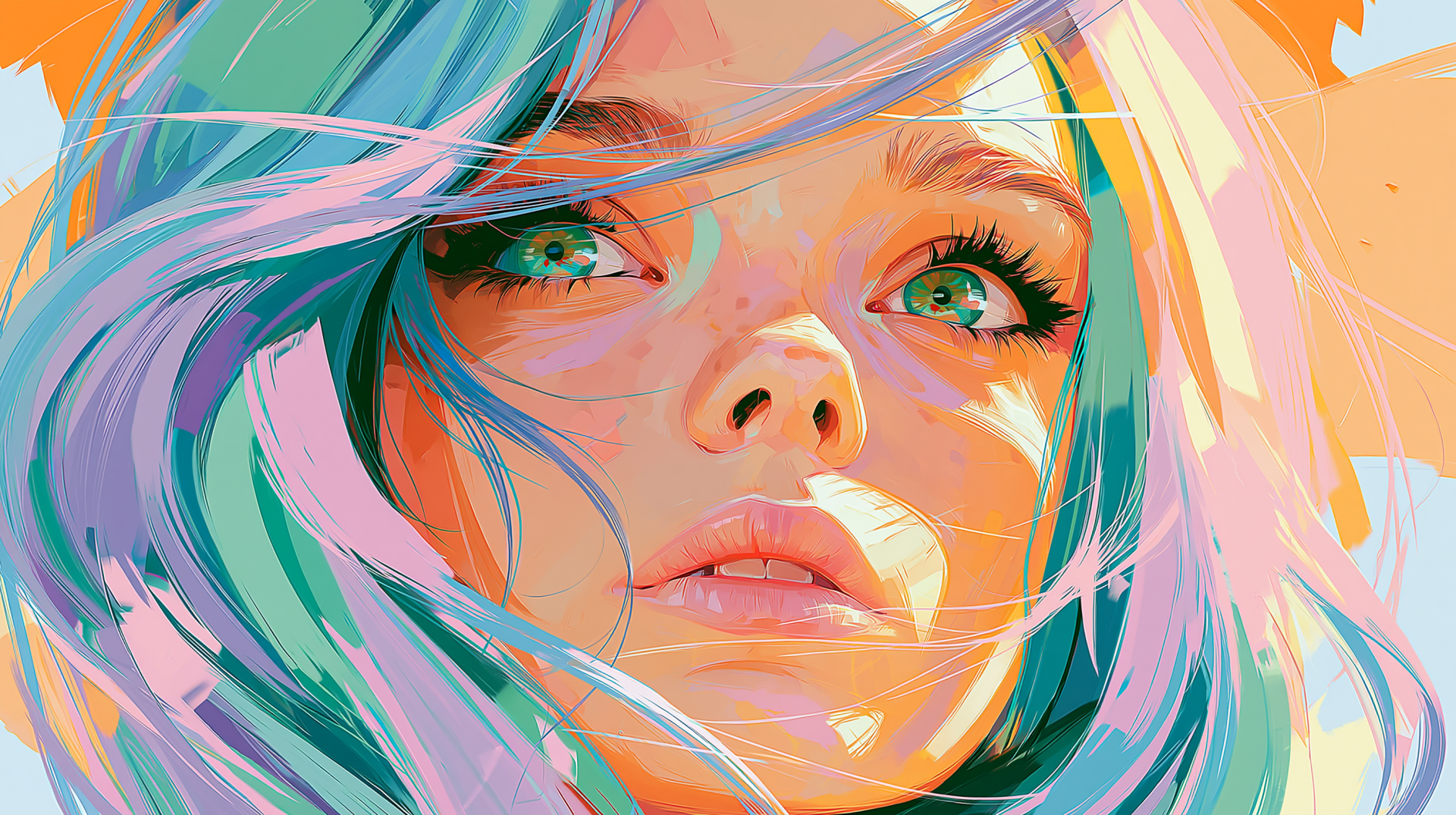 Close-up colorful portrait of a young woman with teal and pink hair and green eyes, painterly style — 2K Quad HD PC desktop wallpaper and background.