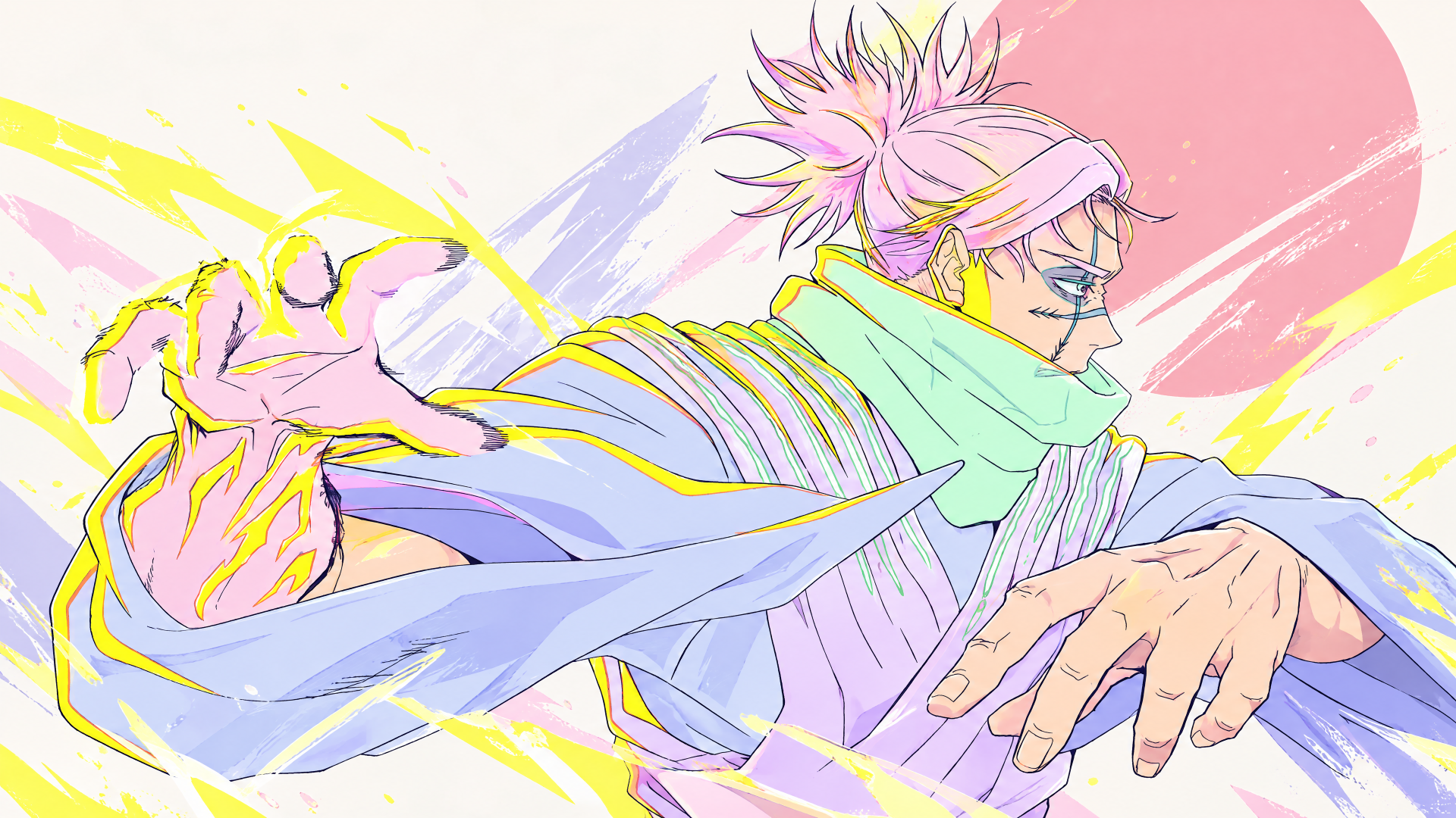 Choso from Jujutsu Kaisen — anime 4K Ultra HD PC desktop wallpaper/background: pastel illustration of Choso in an energy-charged pose with glowing yellow aura and flowing scarf.