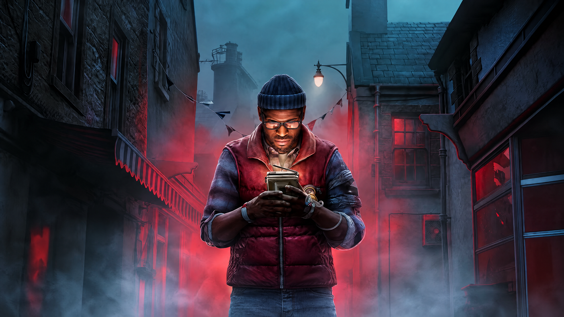 Silent Hill: Townfall 4K Ultra HD PC desktop wallpaper — lone man in a beanie and red vest stares at his smartphone amid fog and red-lit Silent Hill streets.