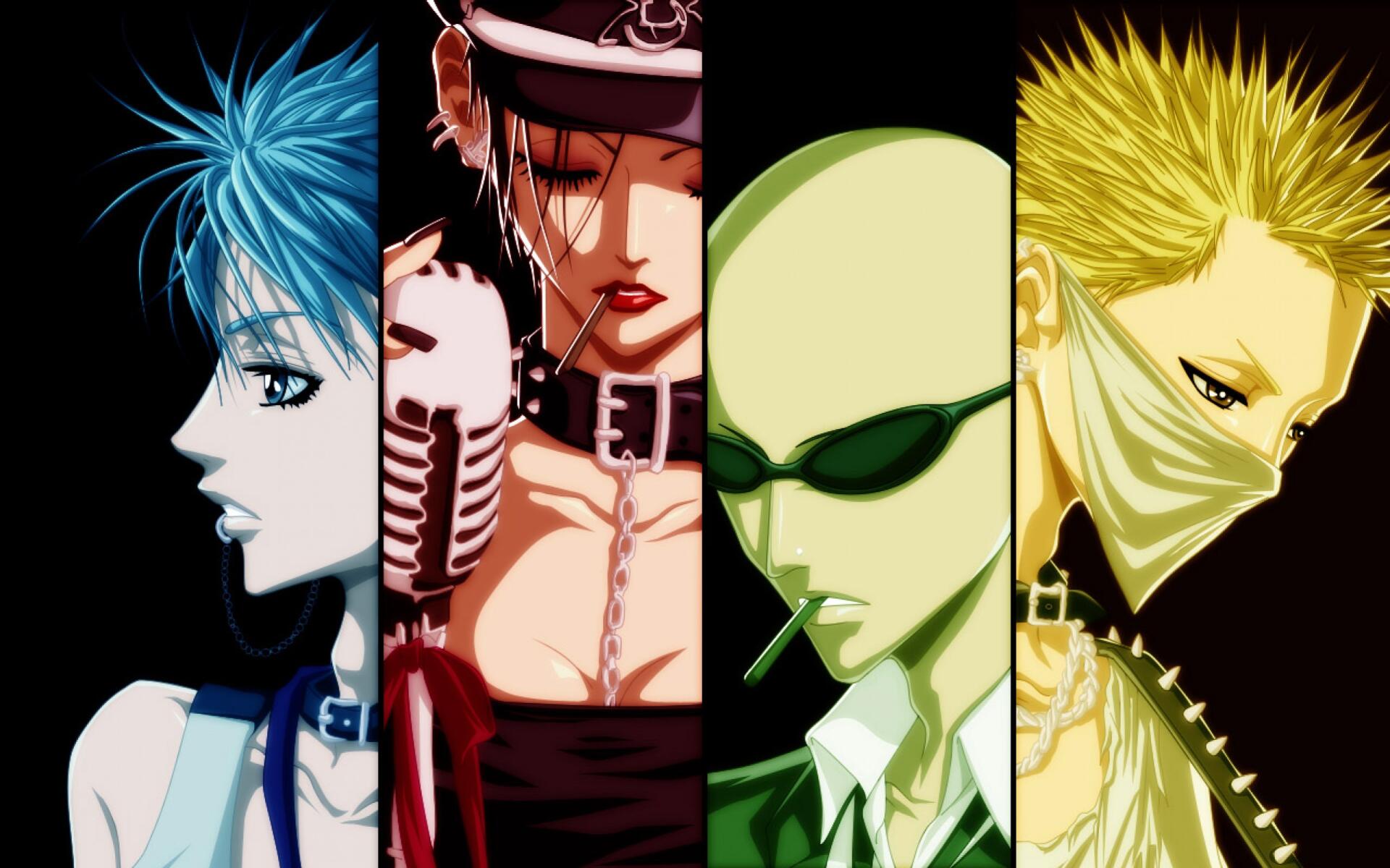 2K Quad HD PC wallpaper: split-panel anime portrait of Nana Osaki and three Black Stones band members in stylized colorful profiles.