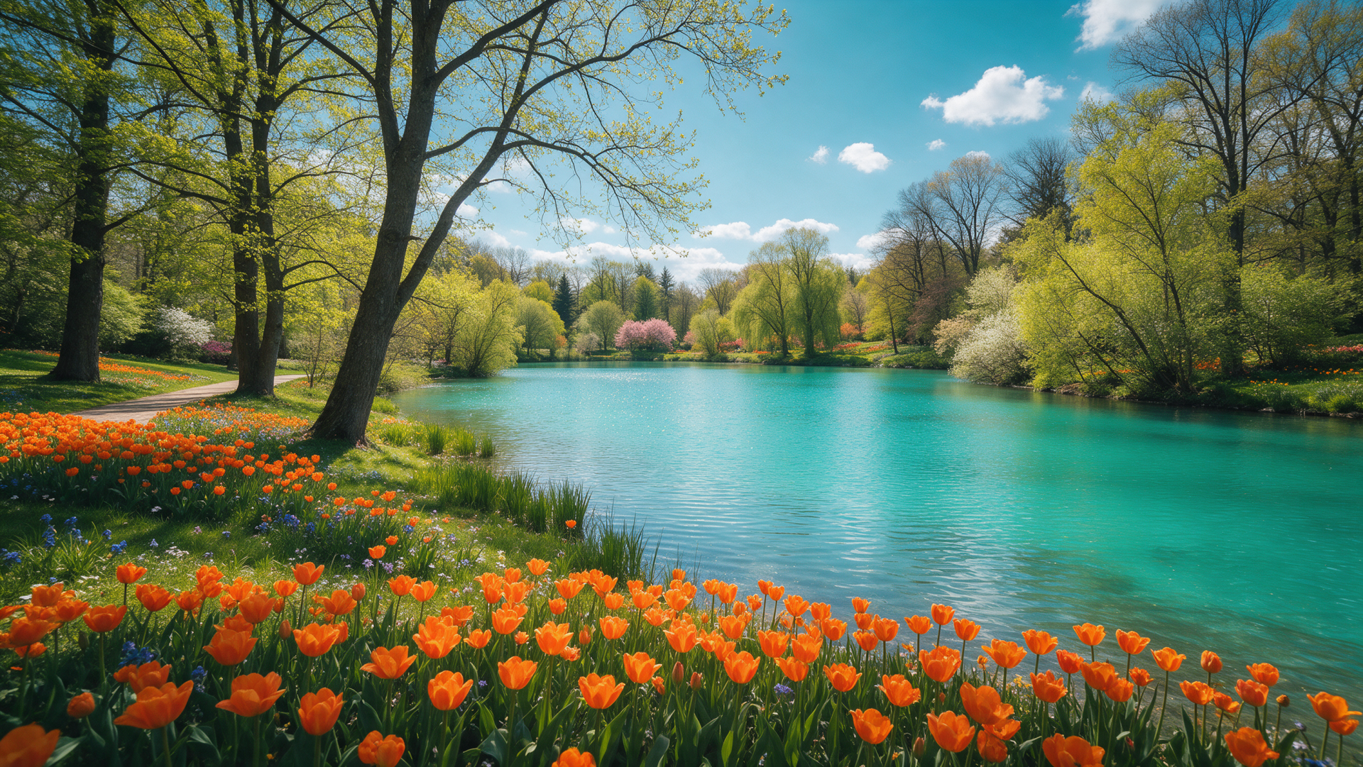 Vibrant spring scene: orange tulips along a turquoise lake, leafy trees and blooming shrubs beneath a bright blue sky — 2K Quad HD PC desktop wallpaper and background.