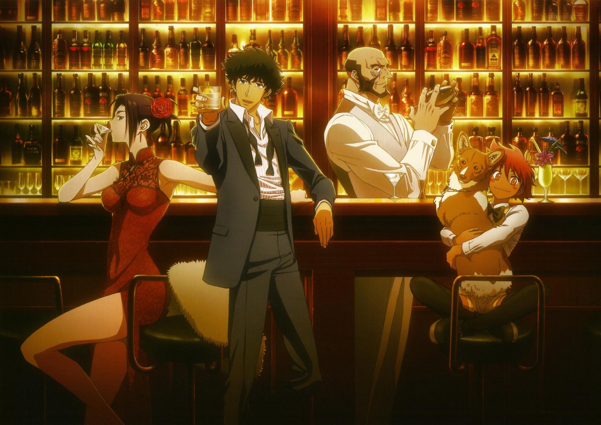 Cowboy Bebop 4K Ultra HD PC desktop wallpaper: Spike Spiegel at a warmly lit bar with Faye Valentine, Jet Black and Edward, amber bottles lined on back shelves.