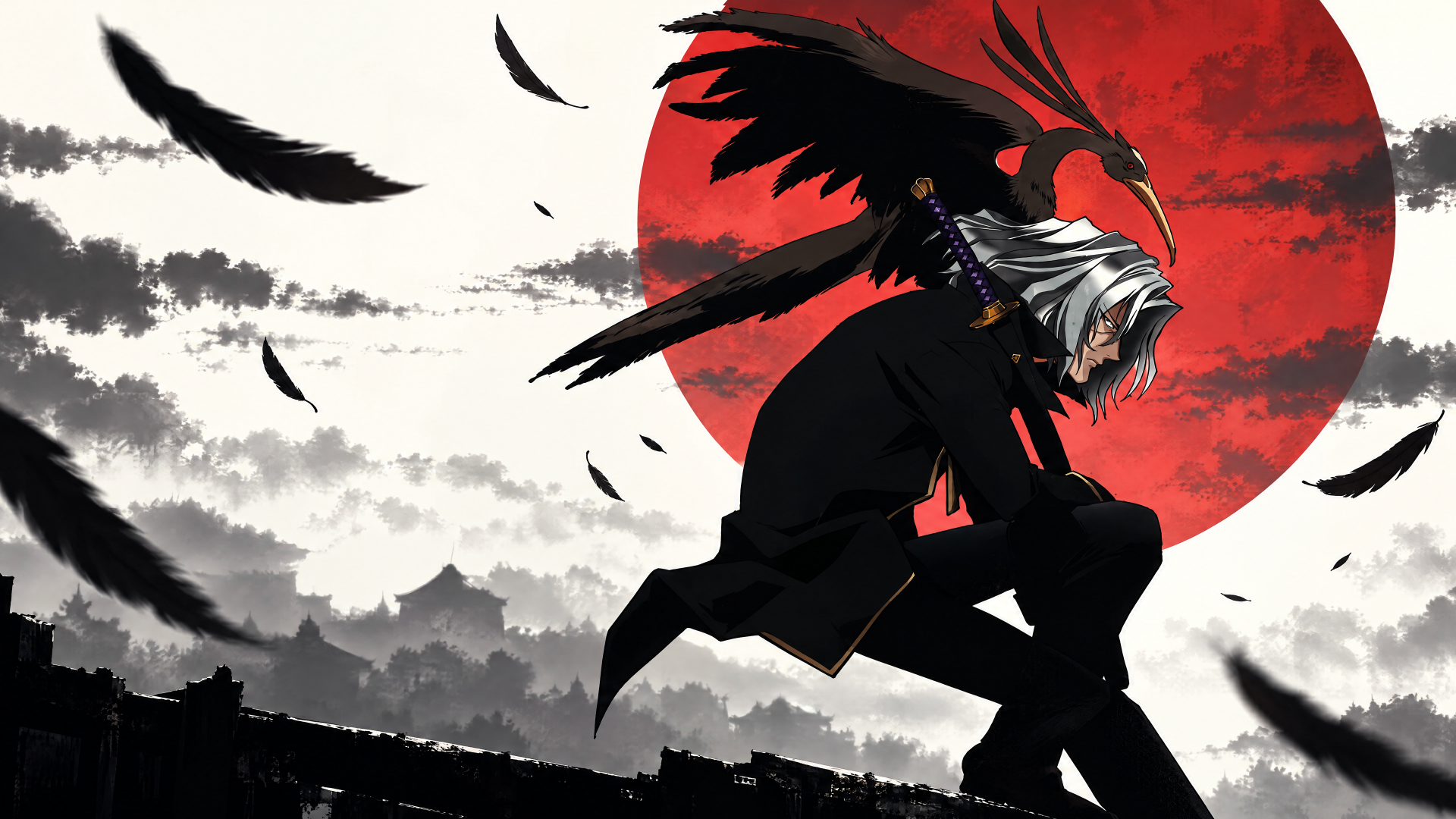 Cowboy Bebop's Vicious reimagined as a samurai crouched with raven wings before a blood-red sun — anime 4K Ultra HD PC desktop wallpaper background