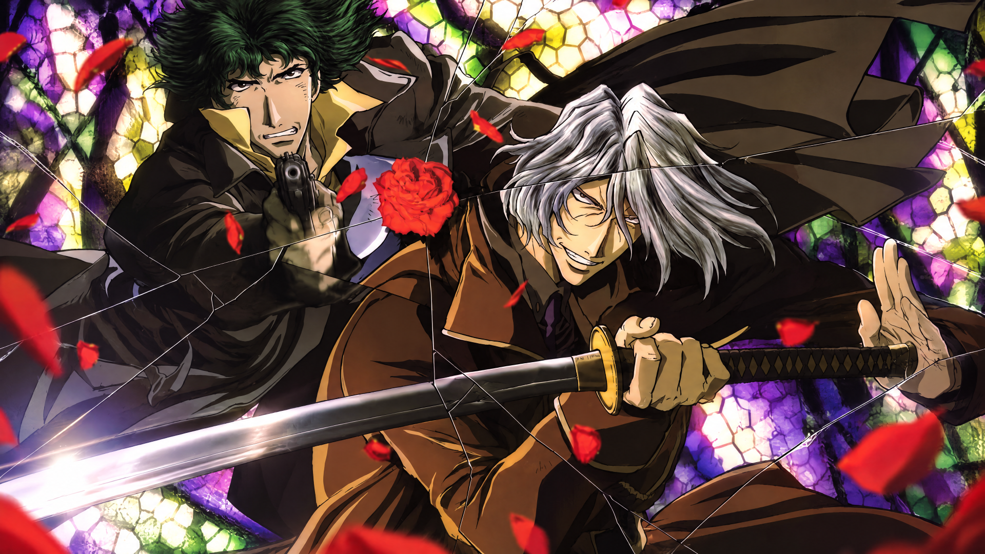 Cowboy Bebop 4K Ultra HD PC desktop wallpaper/background: Spike Spiegel and Vicious in an anime sword duel, cloaks billowing, rose petals against a stained-glass backdrop.