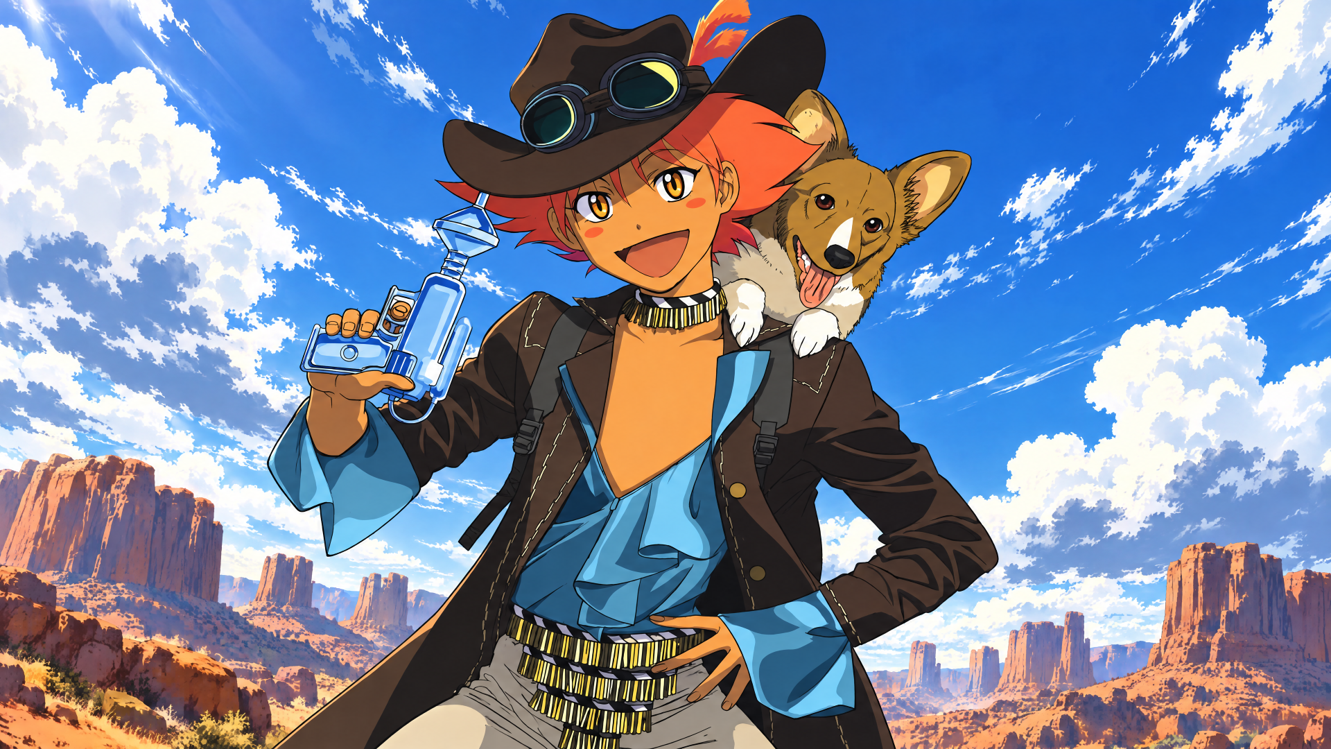 Edward Wong (Cowboy Bebop) and Ein in cowboy attire, grinning in a sunlit canyon—vibrant anime 4K Ultra HD PC desktop wallpaper.