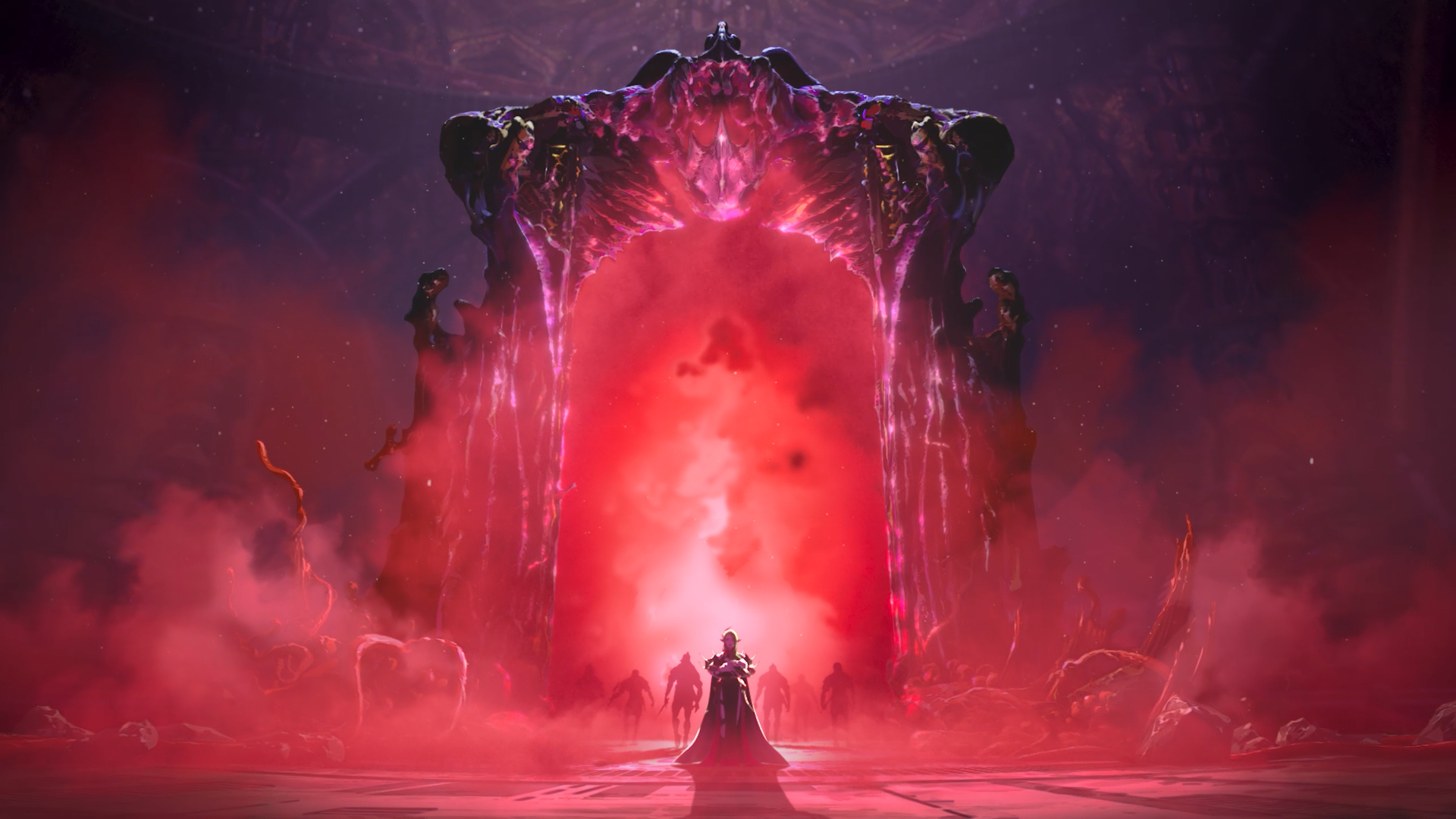 4K Ultra HD PC wallpaper: robed figure faces a towering crimson demon portal from Fire Emblem: Fortune's Weave, red mist and jagged arches framing the abyss.