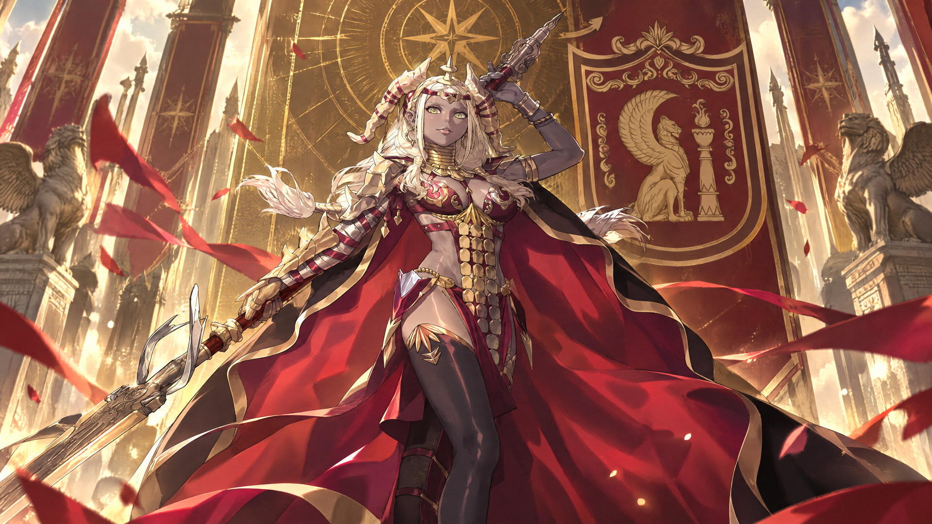 4K Ultra HD PC wallpaper of Theodora, queen from Fire Emblem: Fortune's Weave — a regal woman in an ornate crown and red flowing cloak standing before a golden throne hall.