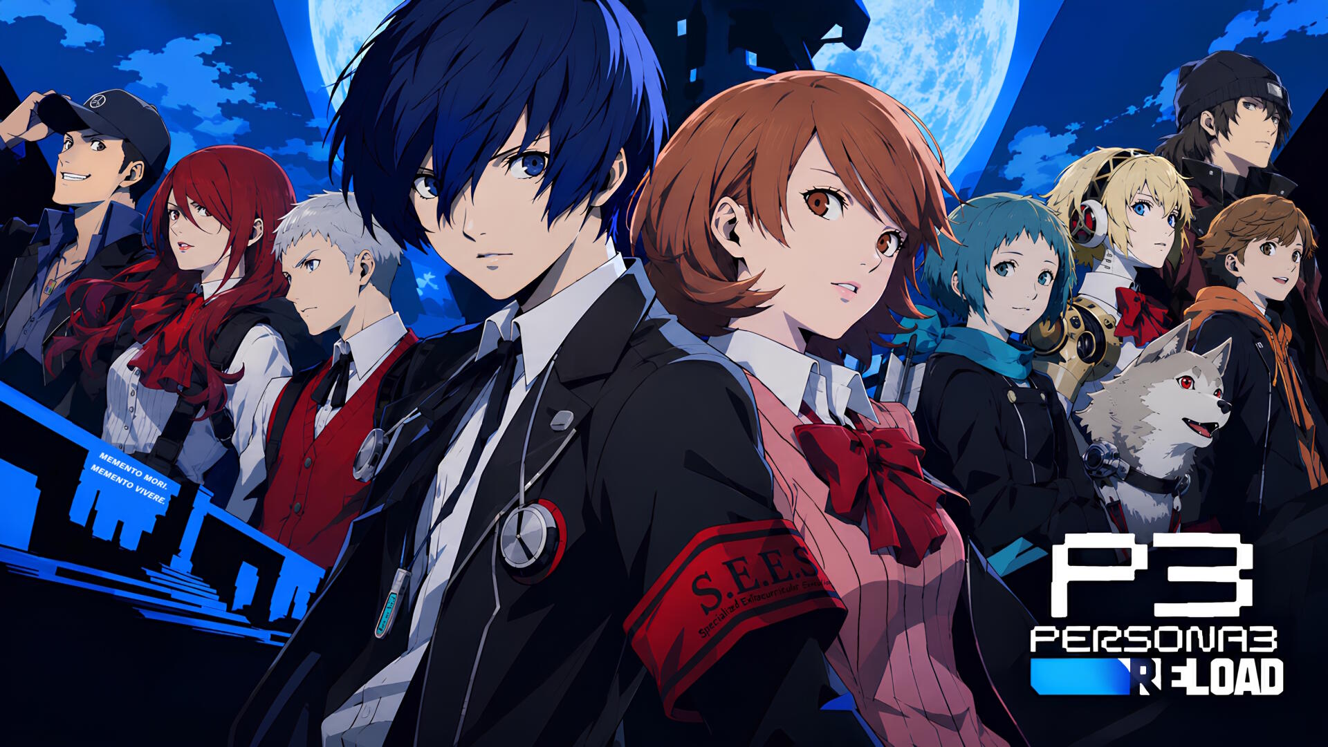 2K Quad HD Persona 3 Reload PC wallpaper: Makoto Yuki and Yukari Takeba lead the SEES cast beneath a full moon — stylized anime characters from the Persona 3 video game.