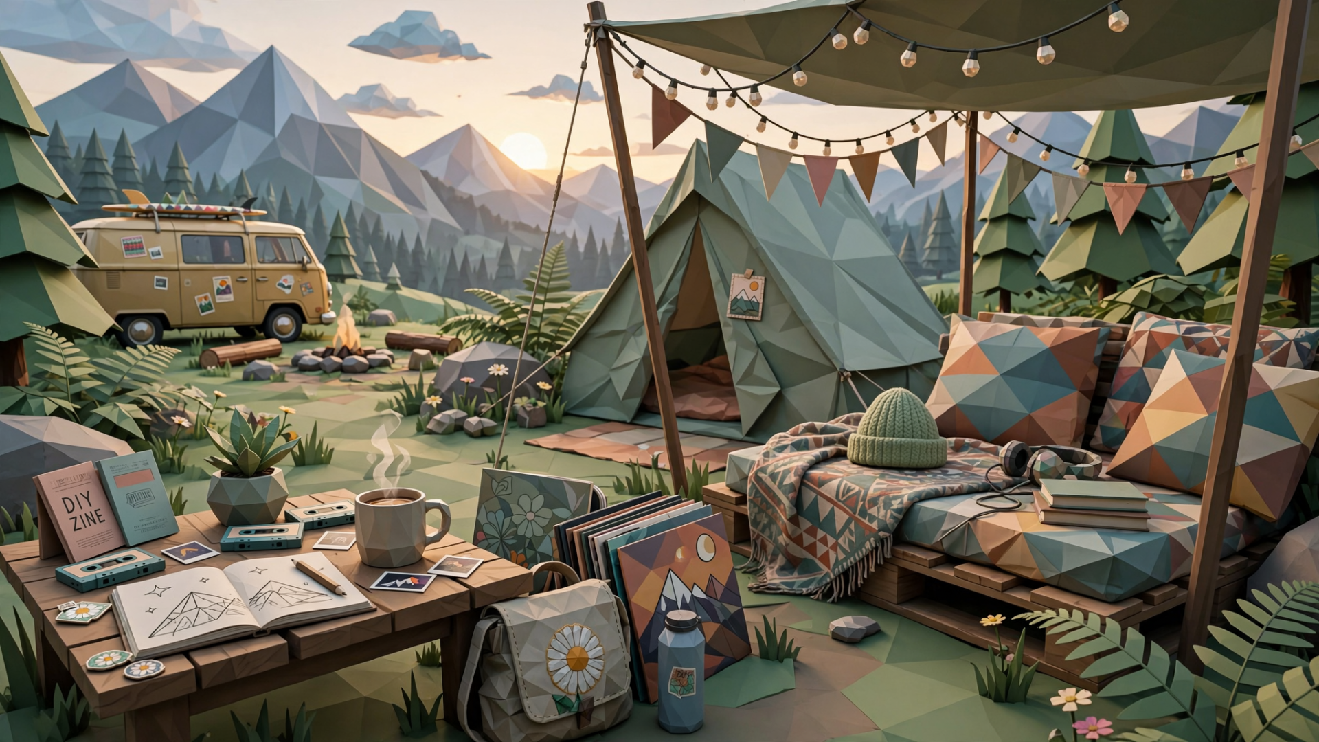 HD PC desktop wallpaper: indie-aesthetic mountain campsite with geometric tent, camper van, string lights, campfire and cozy blankets.