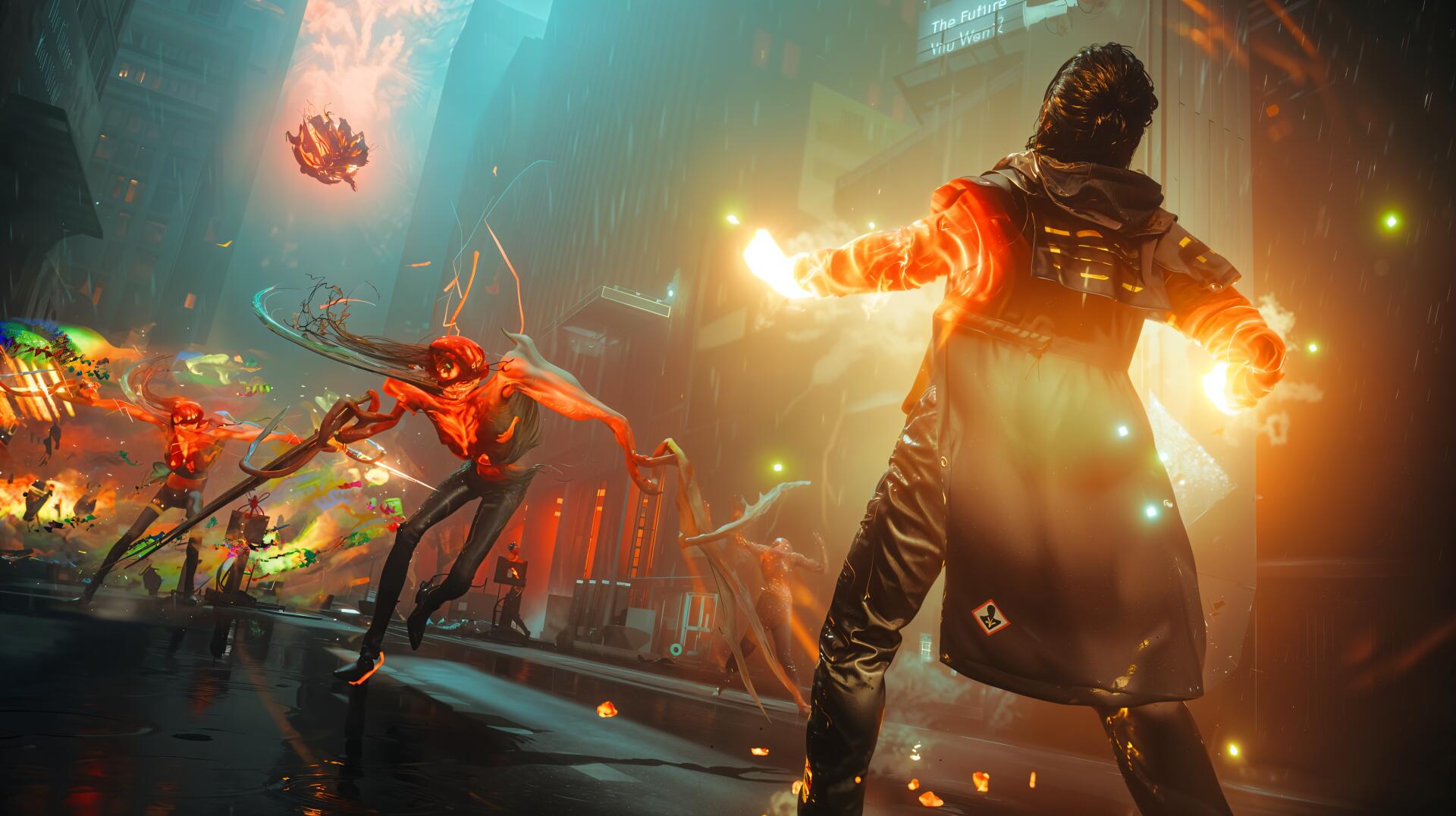 4K Ultra HD PC wallpaper: Control Resonant's Dylan Faden, with glowing hands and a gun, confronts explosions and writhing alien tendrils in a neon-soaked city street.