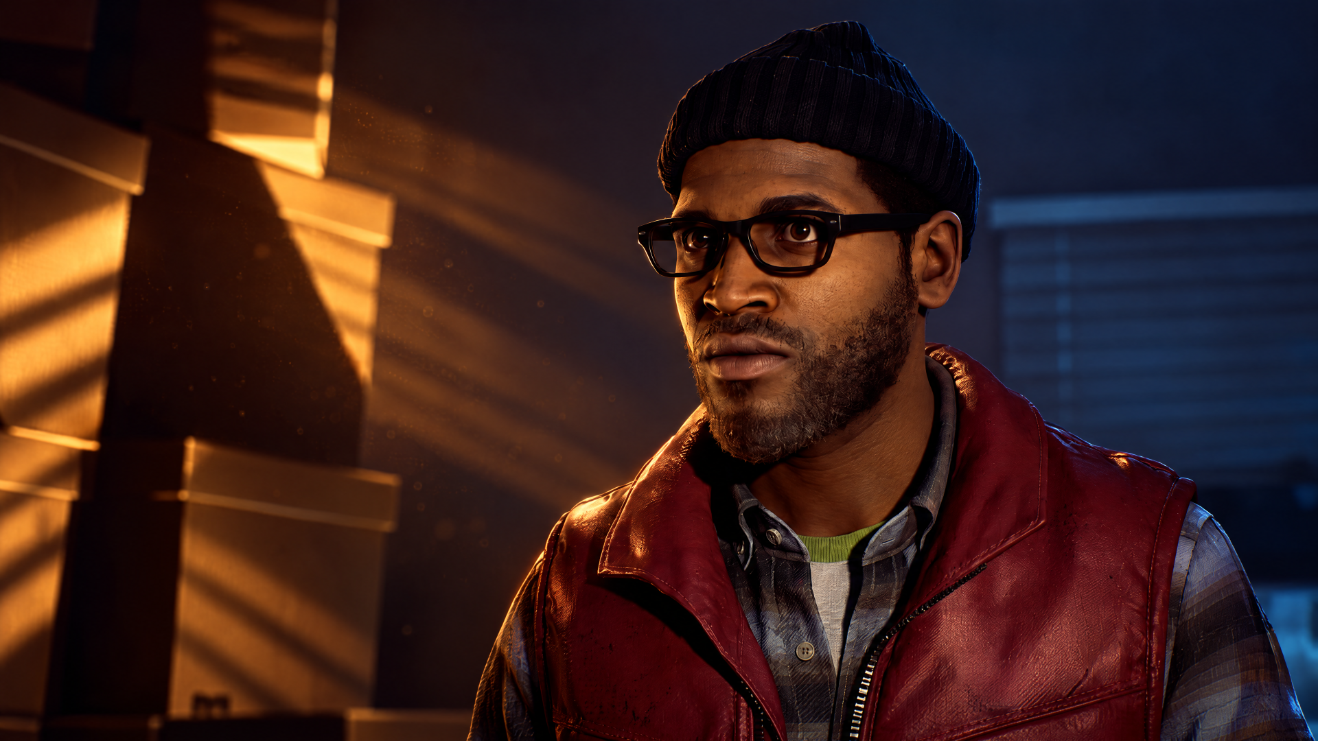 Silent Hill: Townfall character—man in glasses and a beanie wearing a red jacket, moody-lit 4K Ultra HD PC desktop wallpaper and background.