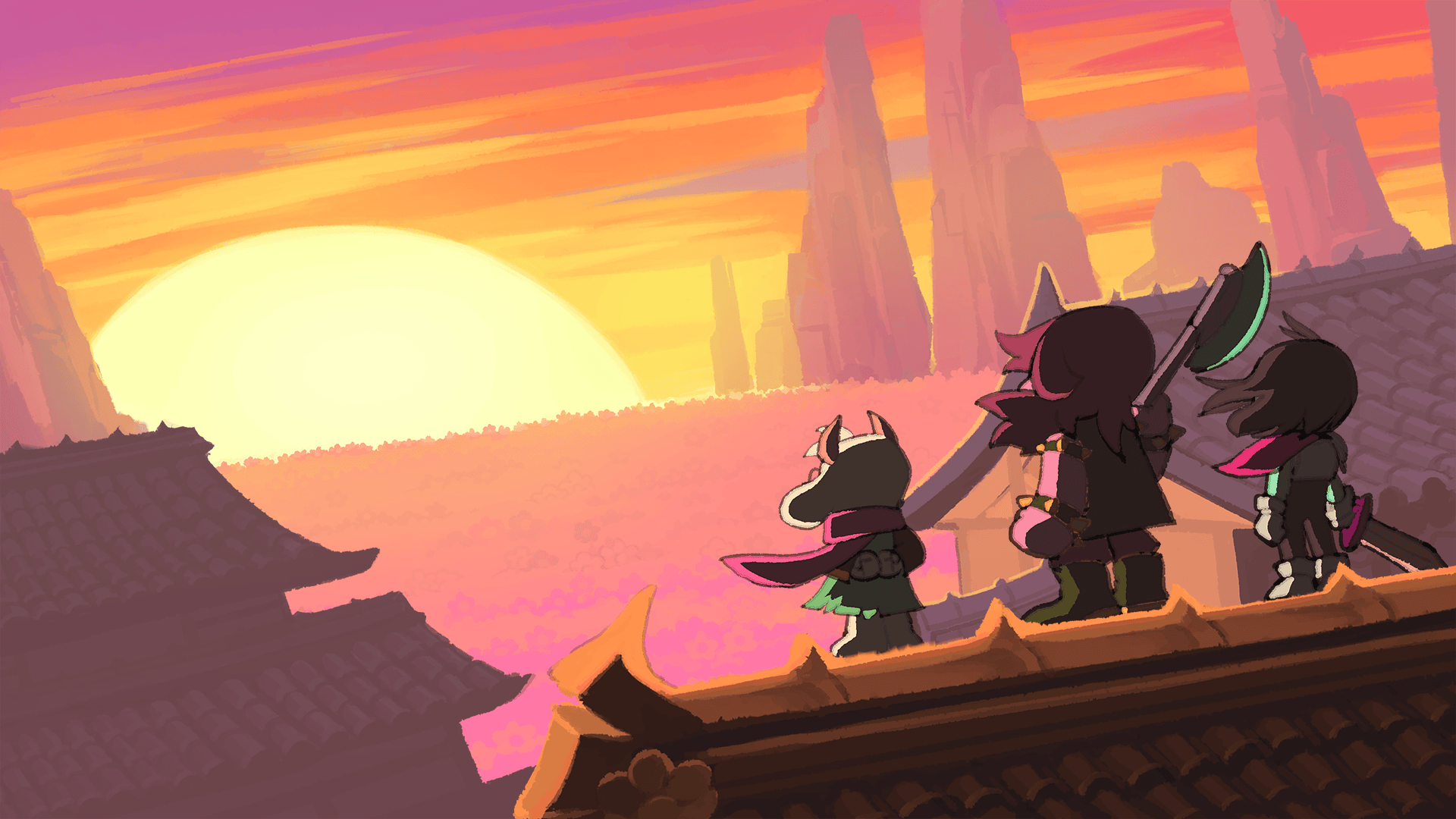 HD PC desktop wallpaper: silhouettes of Deltarune's Kris and Ralsei on a rooftop, watching a vast sunset behind distant spires.