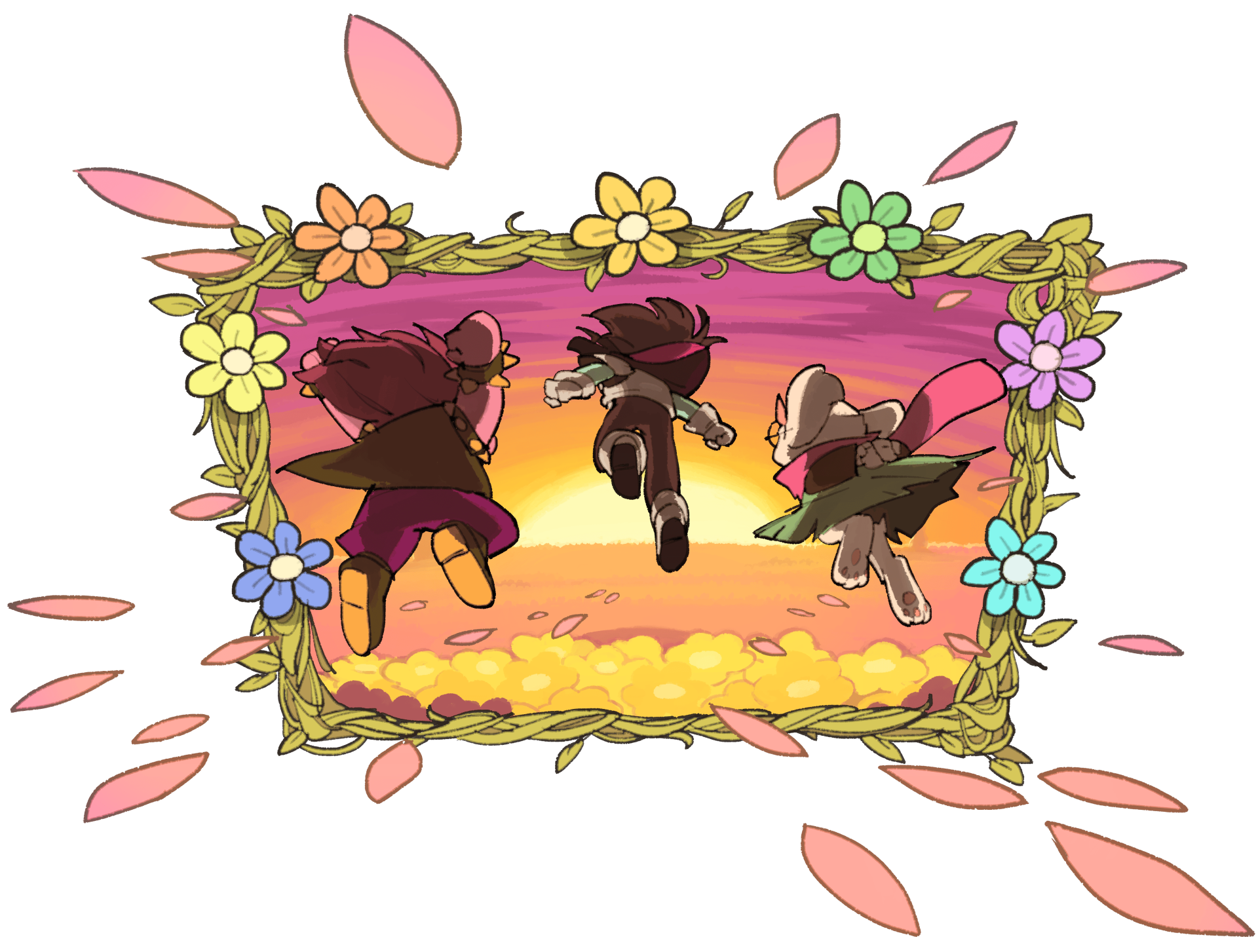 Deltarune 4K Ultra HD PC desktop wallpaper: Susie, Kris, and a witch girl run toward a glowing sunset framed by a wreath of colorful flowers.