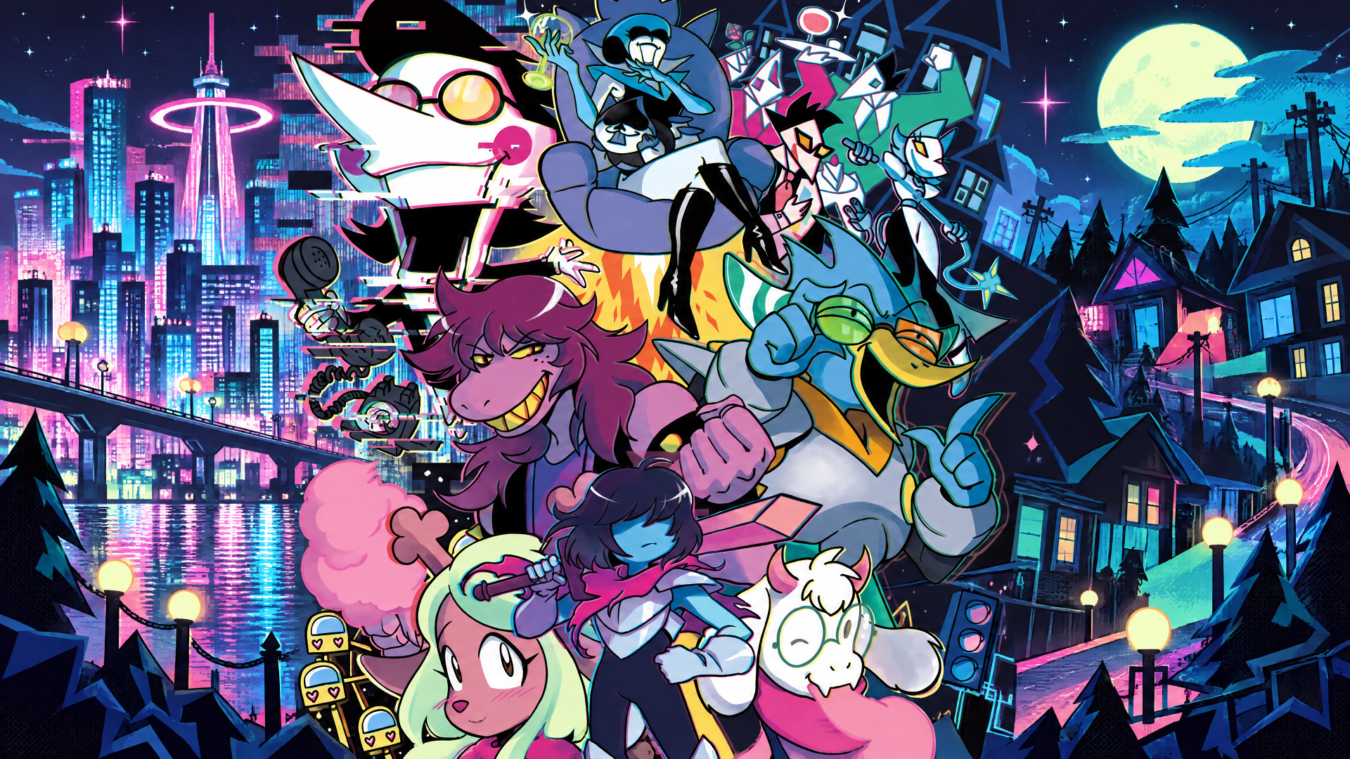 4K Ultra HD PC wallpaper showing Deltarune cast — Spamton G. Spamton, Queen, stylized pony and unicorn characters in a neon city and moonlit forest.