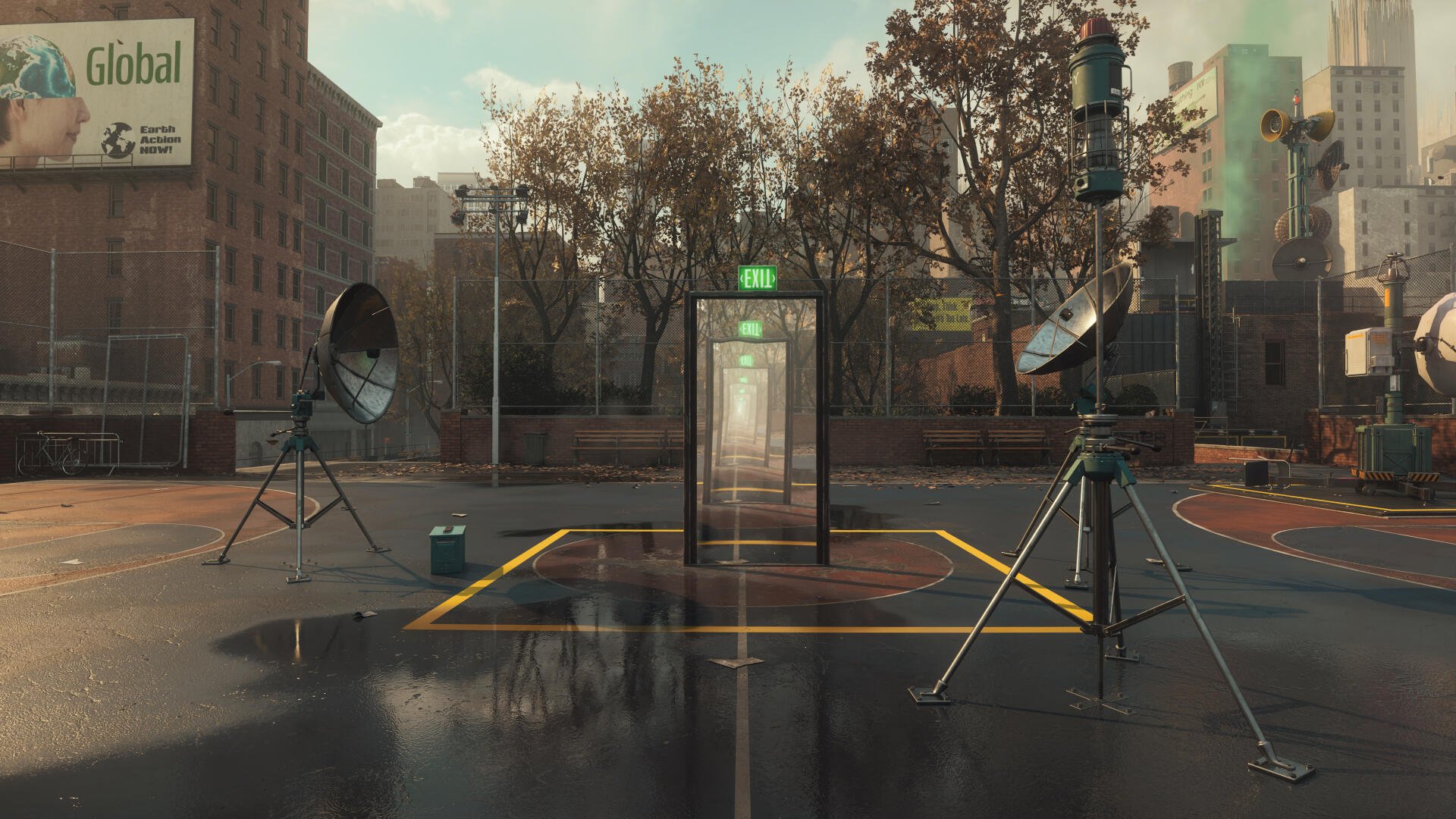 Control Resonant: solitary telephone booth on a wet street court flanked by resonant speakers and gear — moody urban 4K Ultra HD PC desktop wallpaper/background.