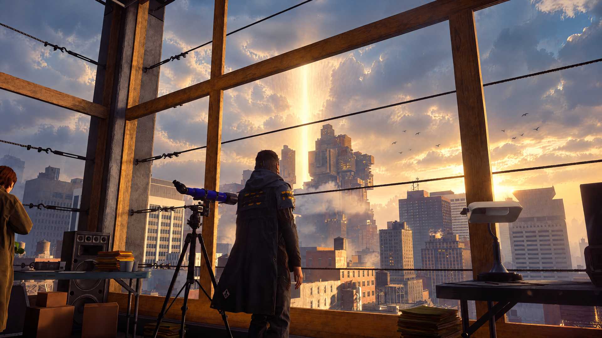 Control Resonant wallpaper, tagged Dylan Faden: lone figure by a window watches a glowing cityscape at sunset — 4K Ultra HD PC desktop background.