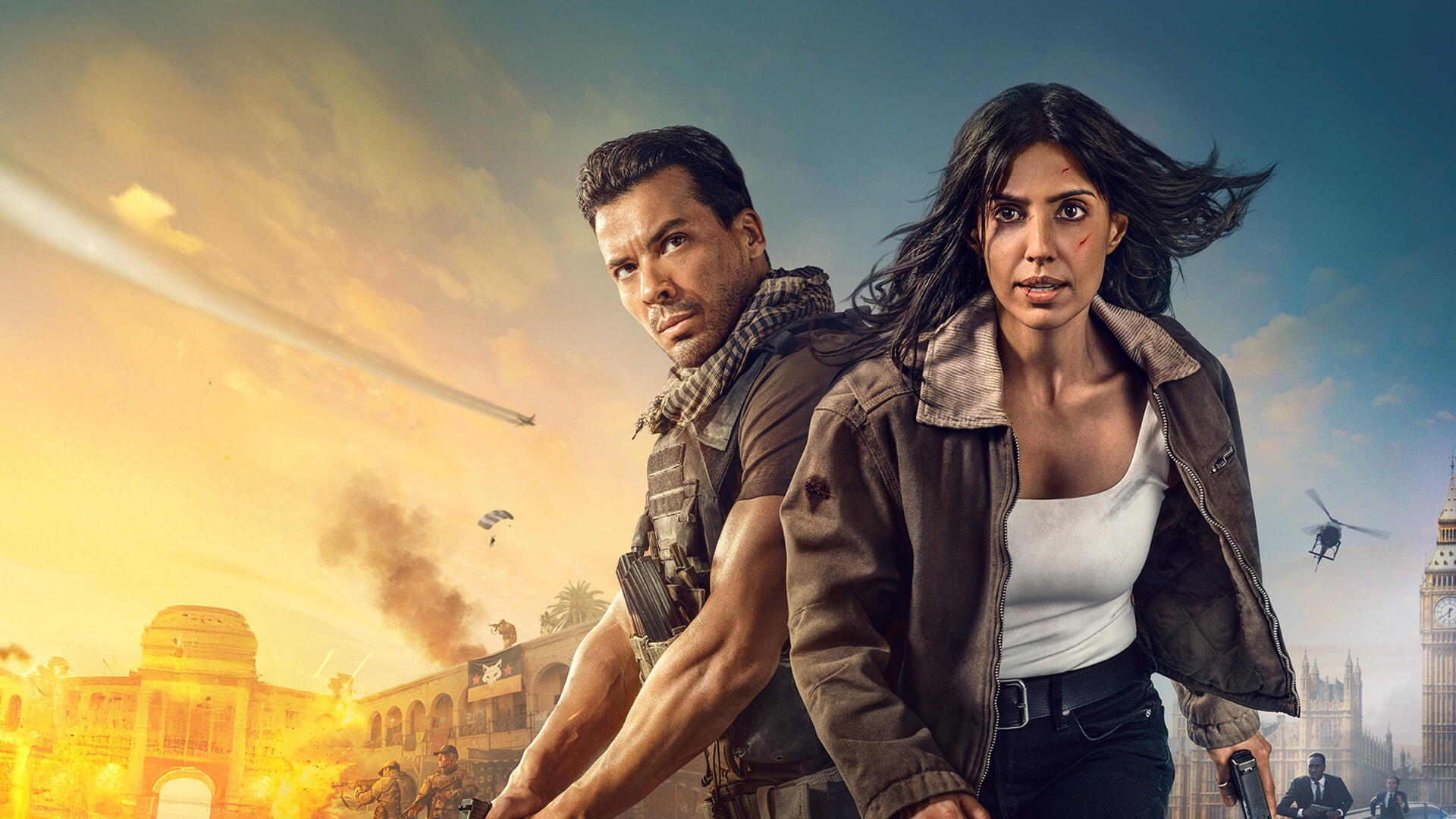 Paris Has Fallen — 4K Ultra HD PC desktop wallpaper and background: two determined survivors in tactical gear against a burning Paris skyline, helicopters and parachutes overhead.