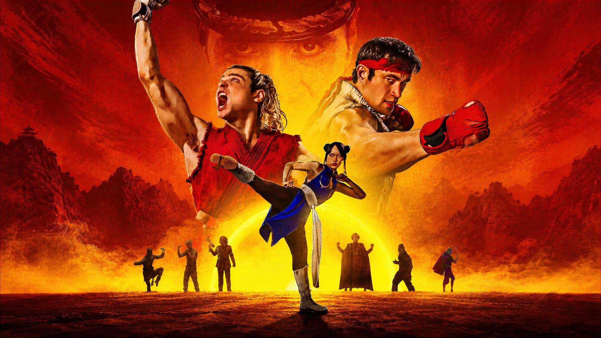 Street Fighter (2026), Street Fighter — 4K Ultra HD PC Desktop Wallpaper and Background: three fighters in dynamic poses before a fiery red-orange sky, with silhouetted combatants along the horizon.