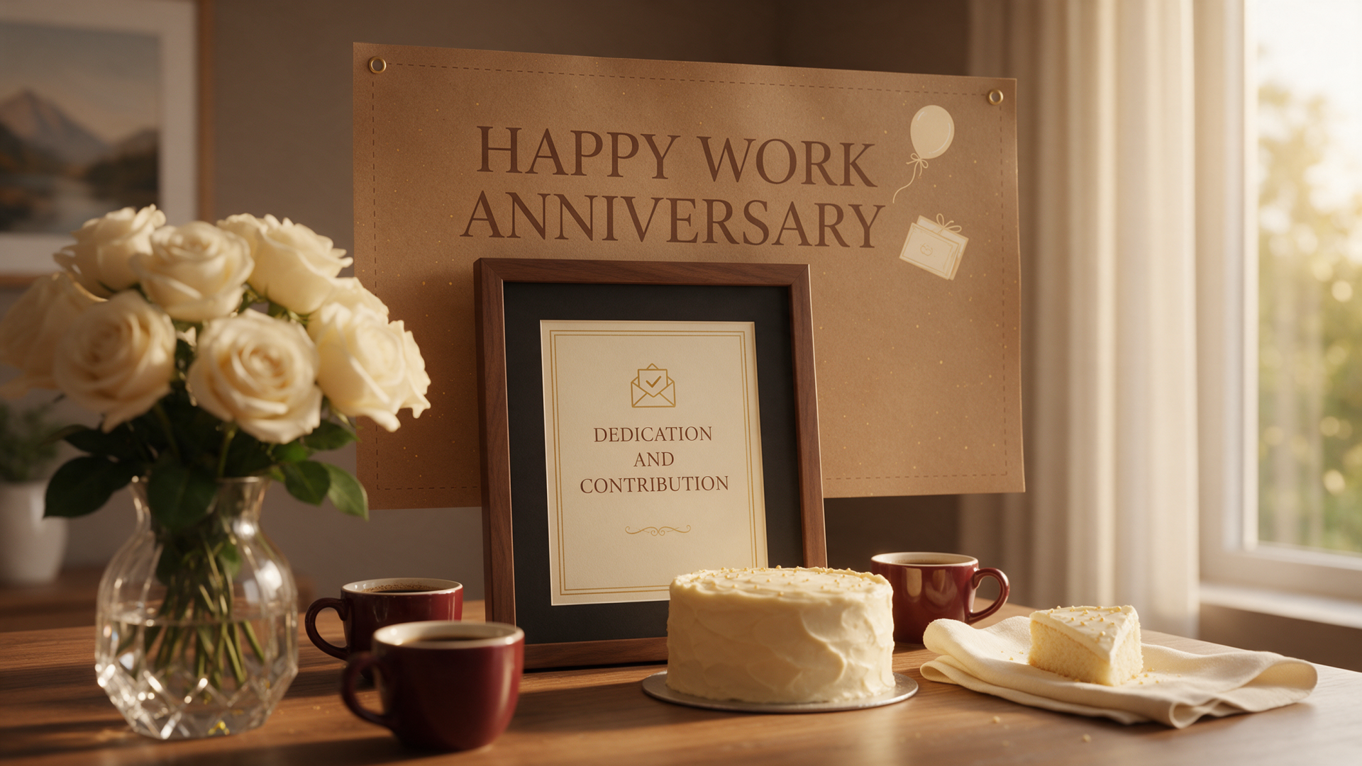 2K Quad HD PC desktop wallpaper showing a work anniversary scene: cake with a slice, vase of flowers, coffee cups, certificate and a Happy Work Anniversary sign.