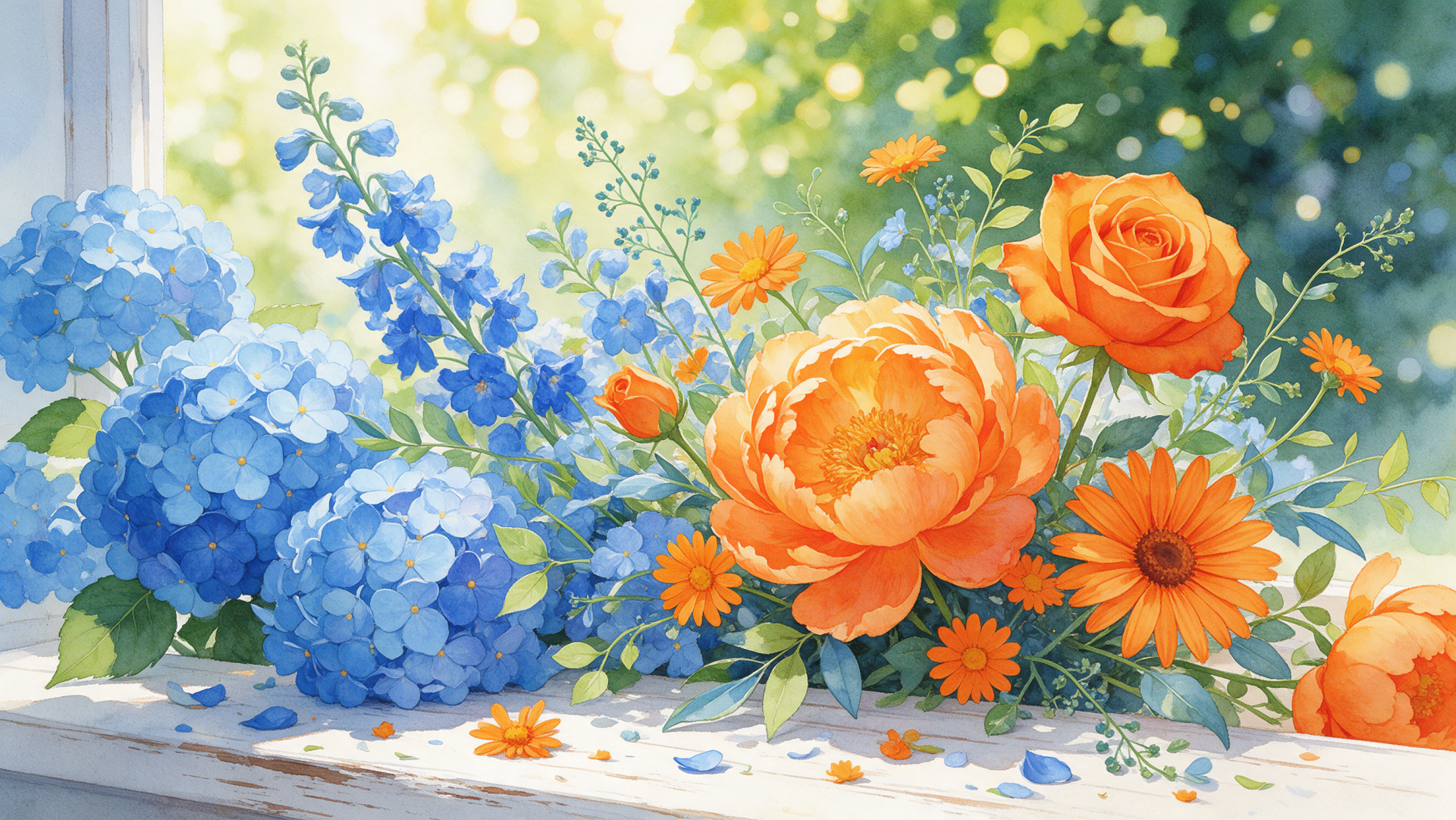 2K Quad HD PC desktop wallpaper: summer floral bouquet of orange roses, peonies and daisies with blue hydrangeas on a sunlit windowsill.