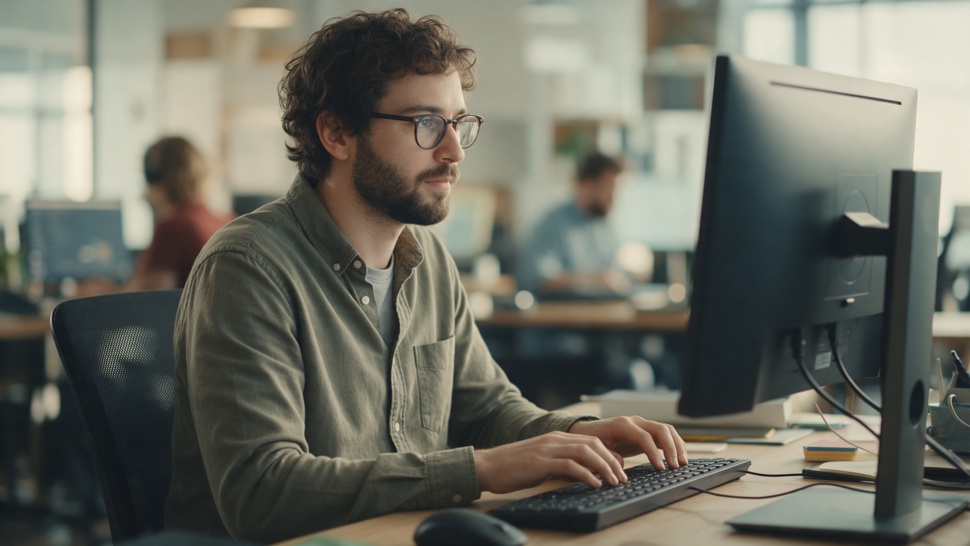 Coder man at a computer in an open office, focused on typing — 2K Quad HD PC Desktop Wallpaper and Background.