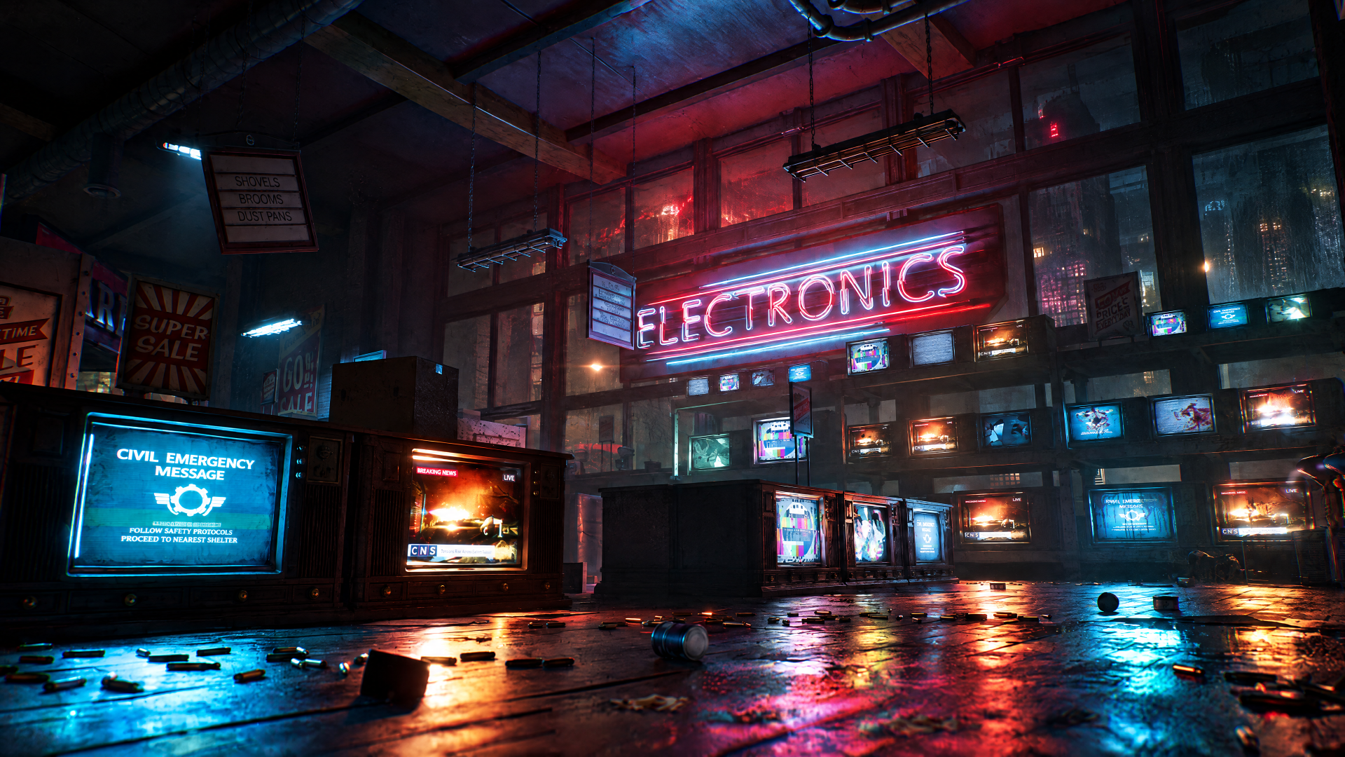 4K Ultra HD PC desktop wallpaper: Gears of War: E-Day — rain‑slick electronics store interior lit by red neon ELECTRONICS sign and glowing display screens.