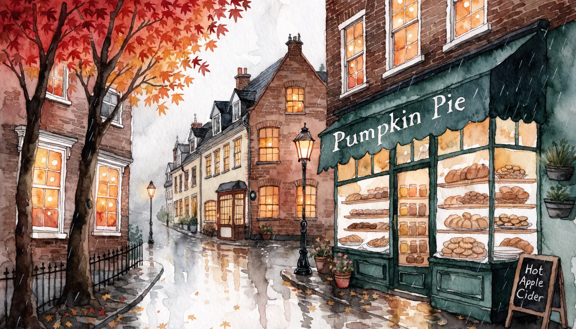 Cozy fall street in Autumn rain: a glowing pumpkin pie shop on wet cobblestones — 2K Quad HD PC desktop wallpaper