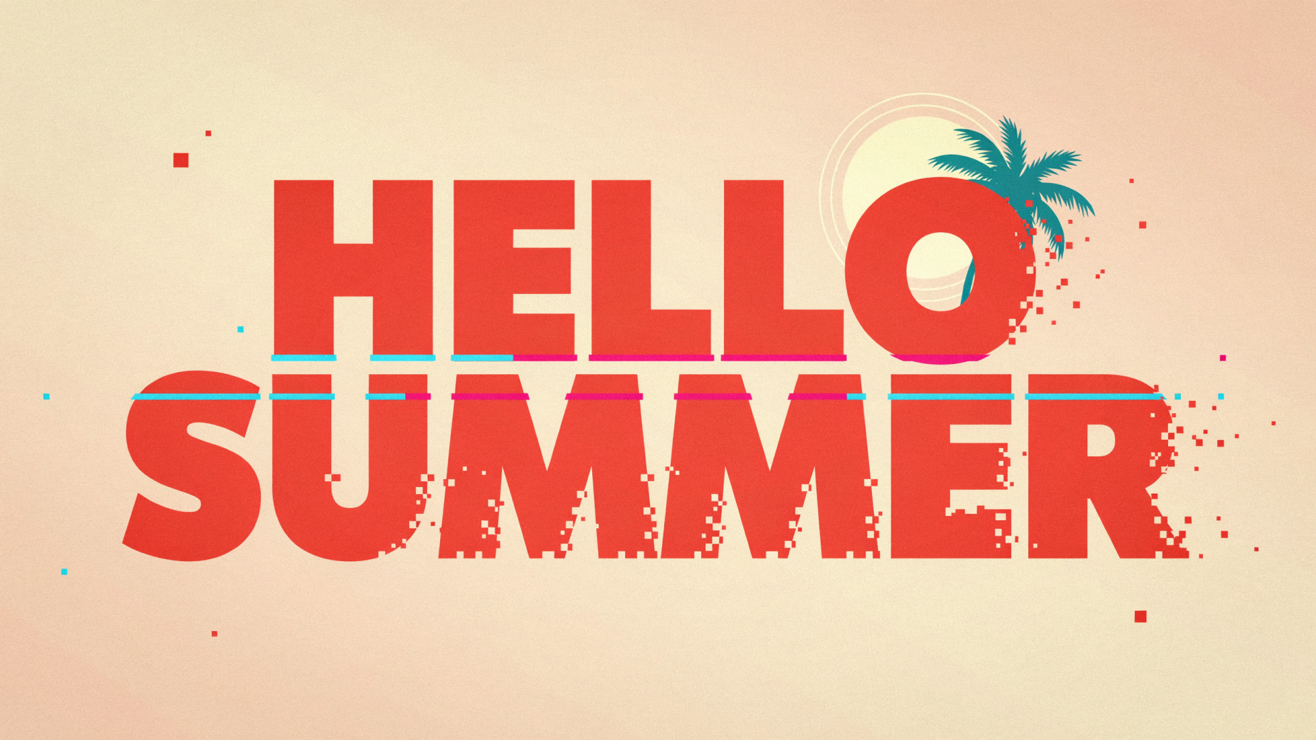 2K Quad HD PC desktop wallpaper: bold distressed red HELLO SUMMER typography on a beige background with a stylized sun and palm silhouette.