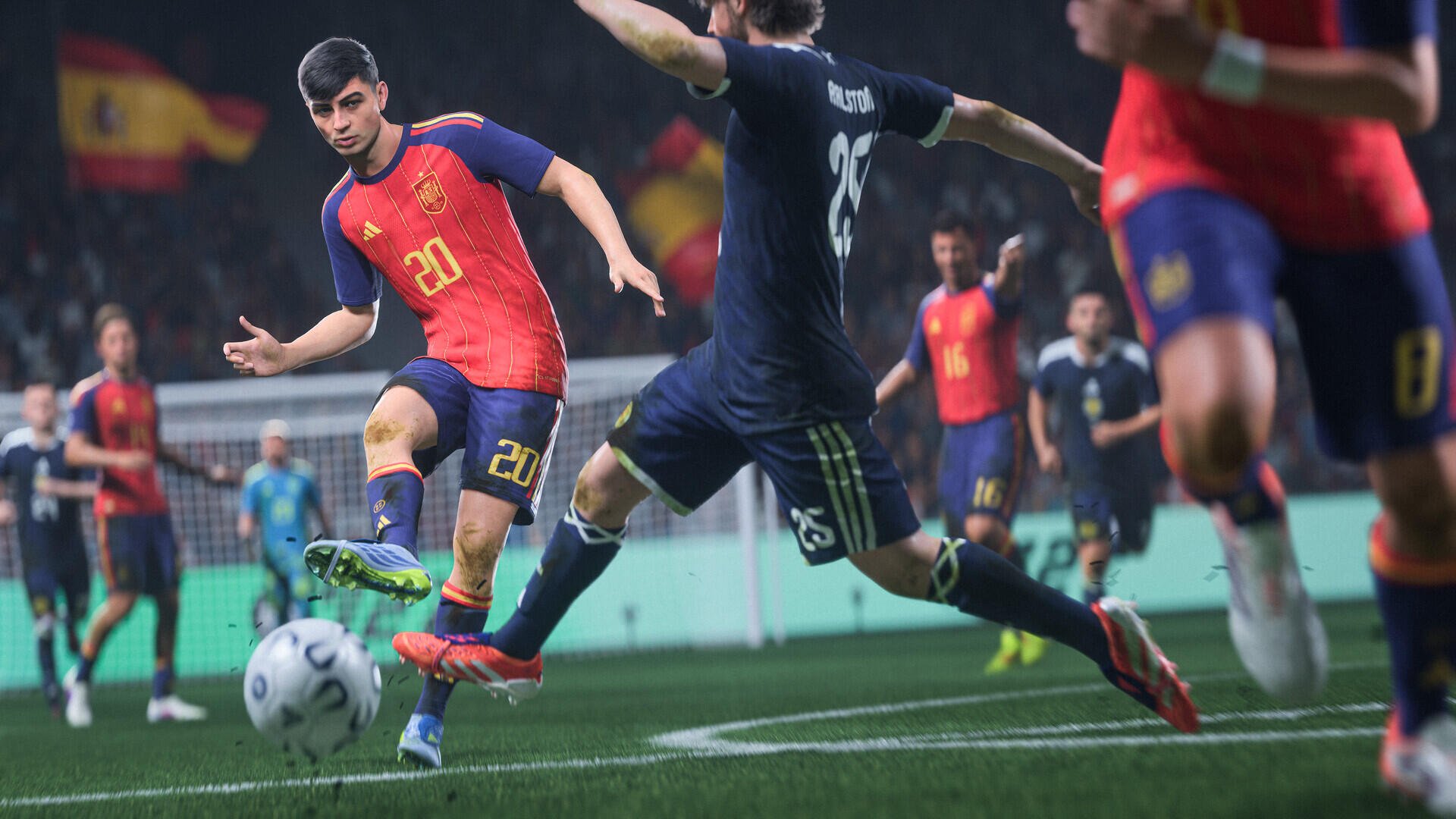 EA SPORTS FC 27 HD PC desktop wallpaper and background: dynamic soccer scene of a red-team player striking the ball past defenders on a lit stadium pitch.