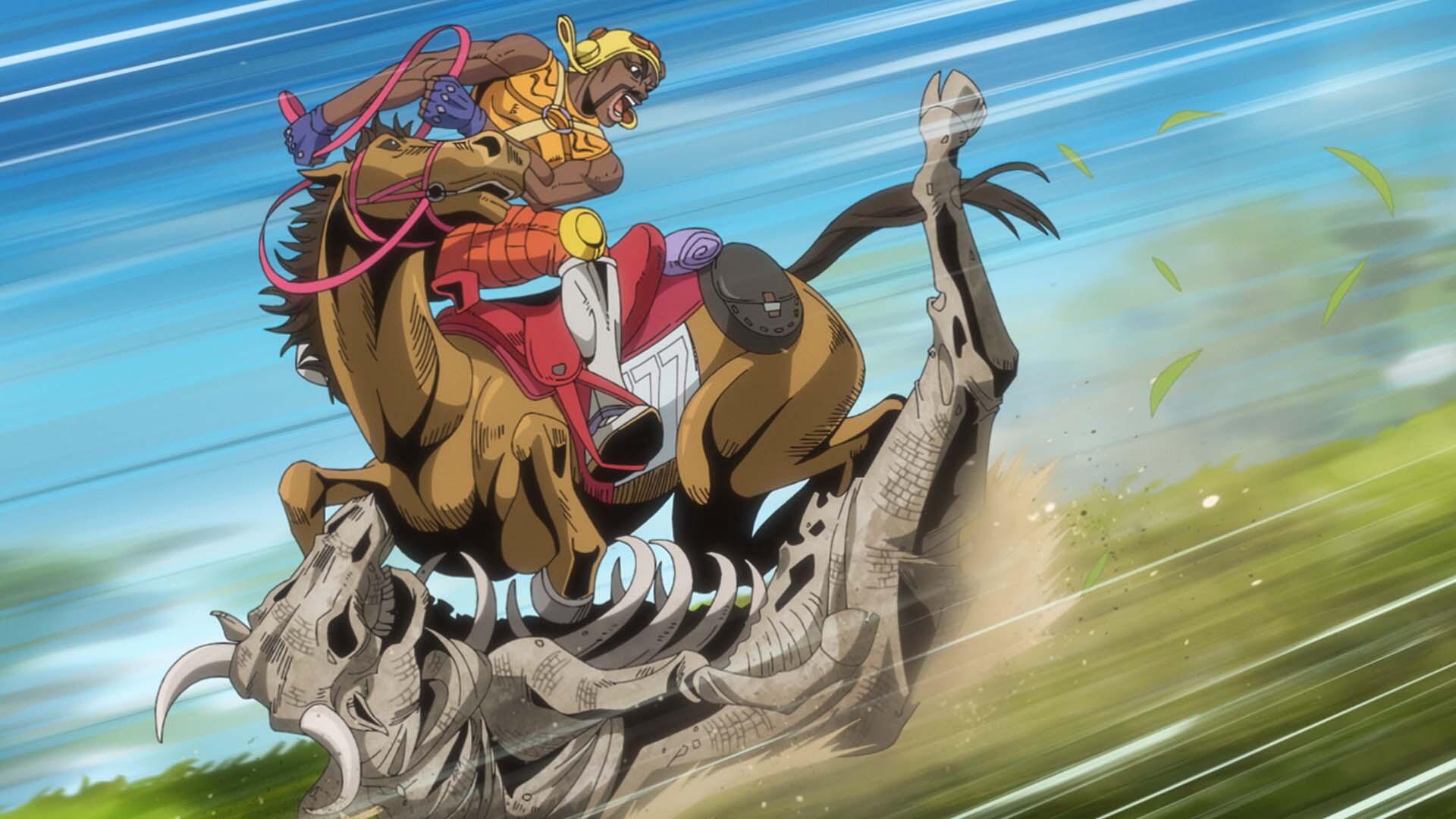 Steel Ball Run HD PC desktop wallpaper and background: cowboy on a rearing horse jumping over a massive skeletal skull, wind-blurred motion and vivid colors.