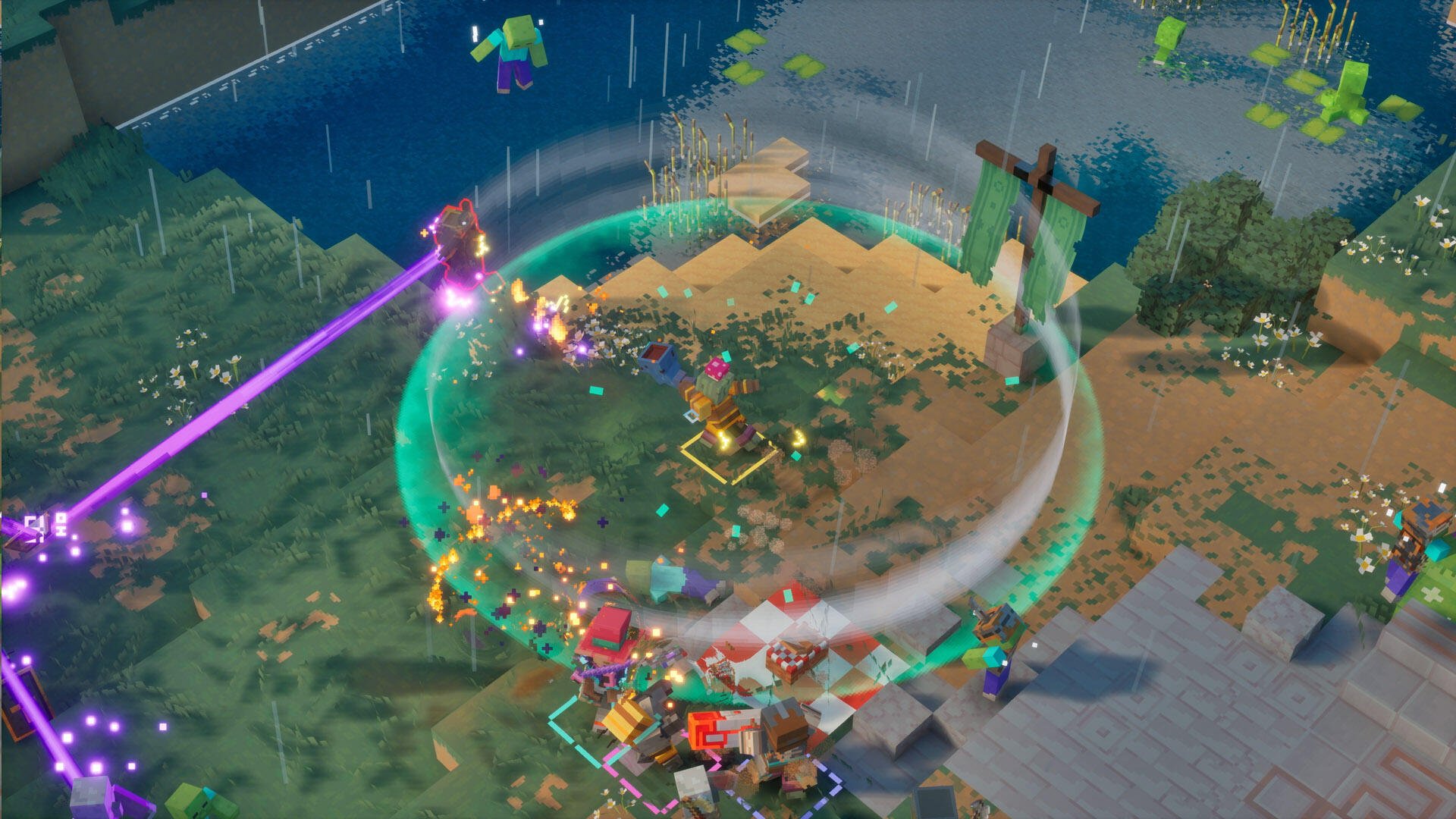 HD PC desktop wallpaper from Minecraft Dungeons II video game: pixelated heroes clash in a battle, casting spells and protected by a glowing shield bubble over a swampy battlefield.