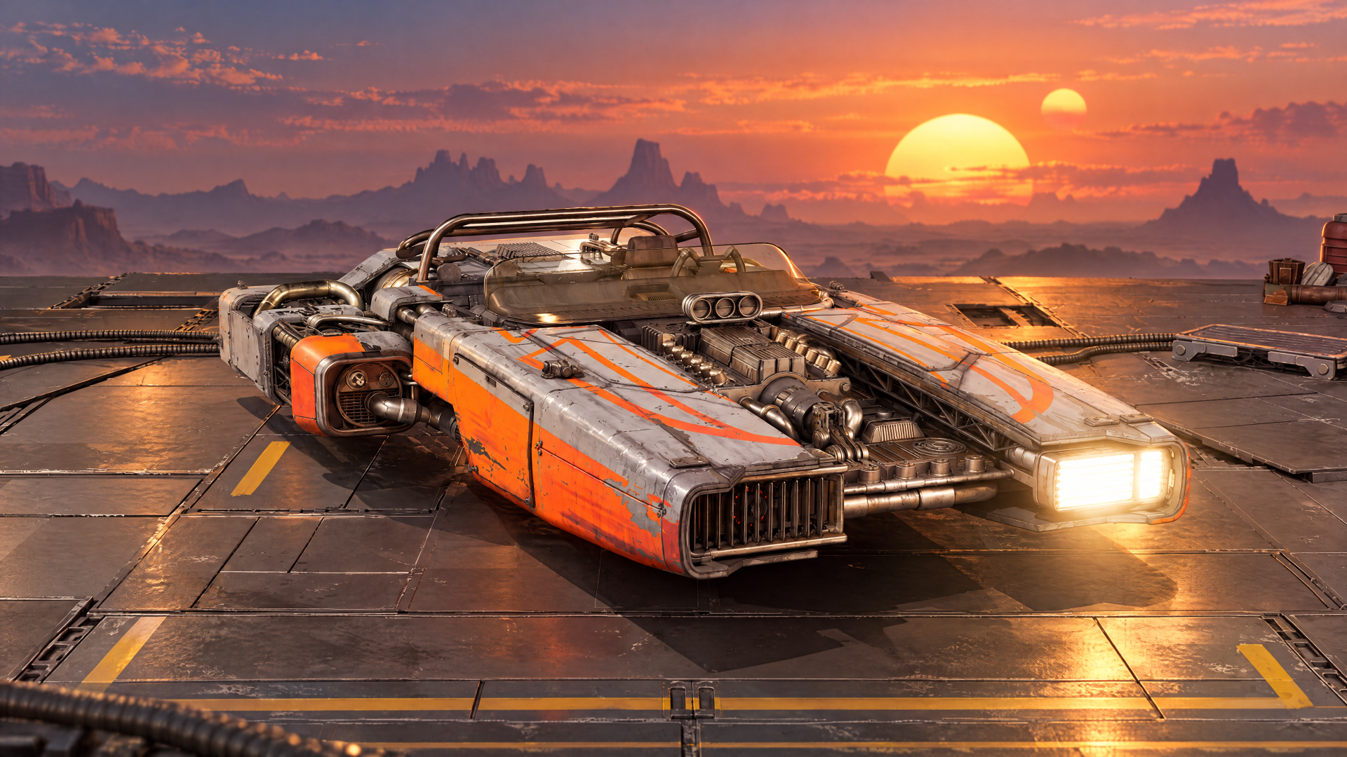 Star Wars: Galactic Racer futuristic car on a metallic pad at sunset — 4K Ultra HD PC desktop wallpaper background.