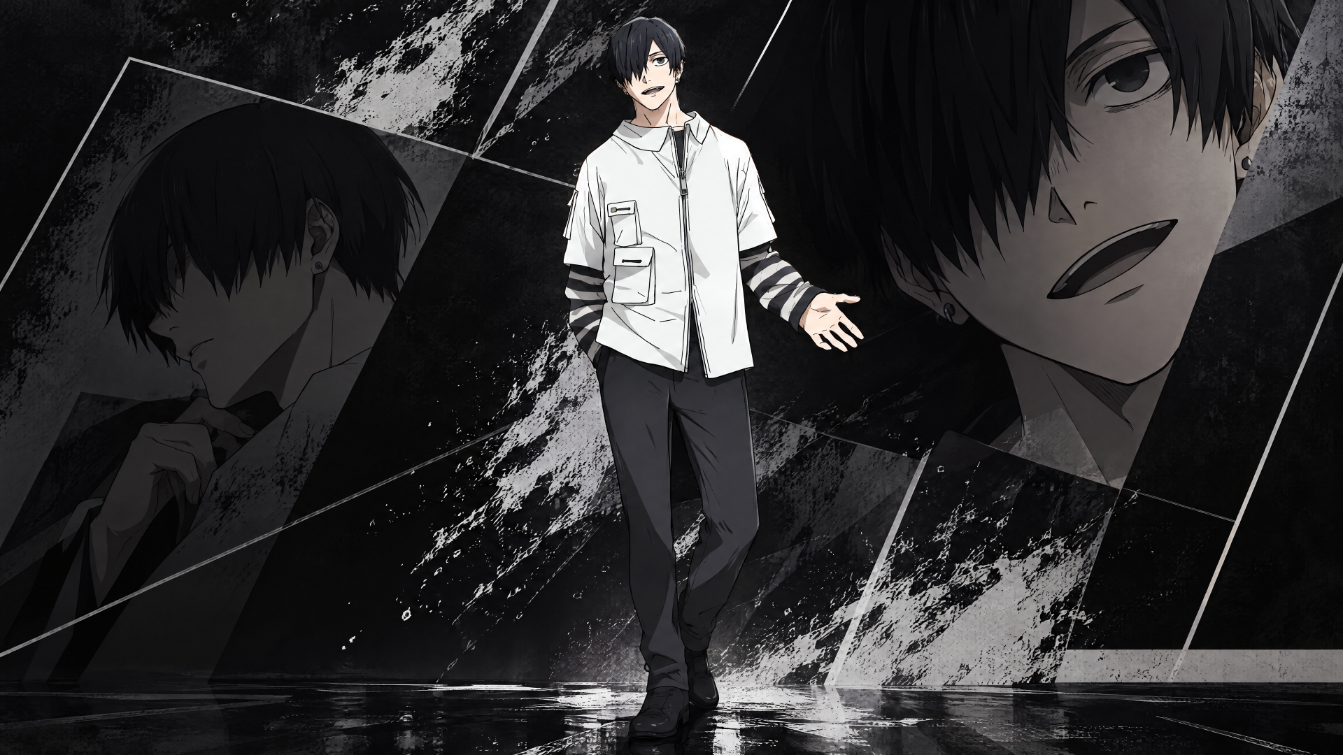 4K Ultra HD PC desktop wallpaper/background featuring Soshiro Azami from Kagurabachi: standing in a white shirt amid shattered black-and-gray panels with two close-up portraits.